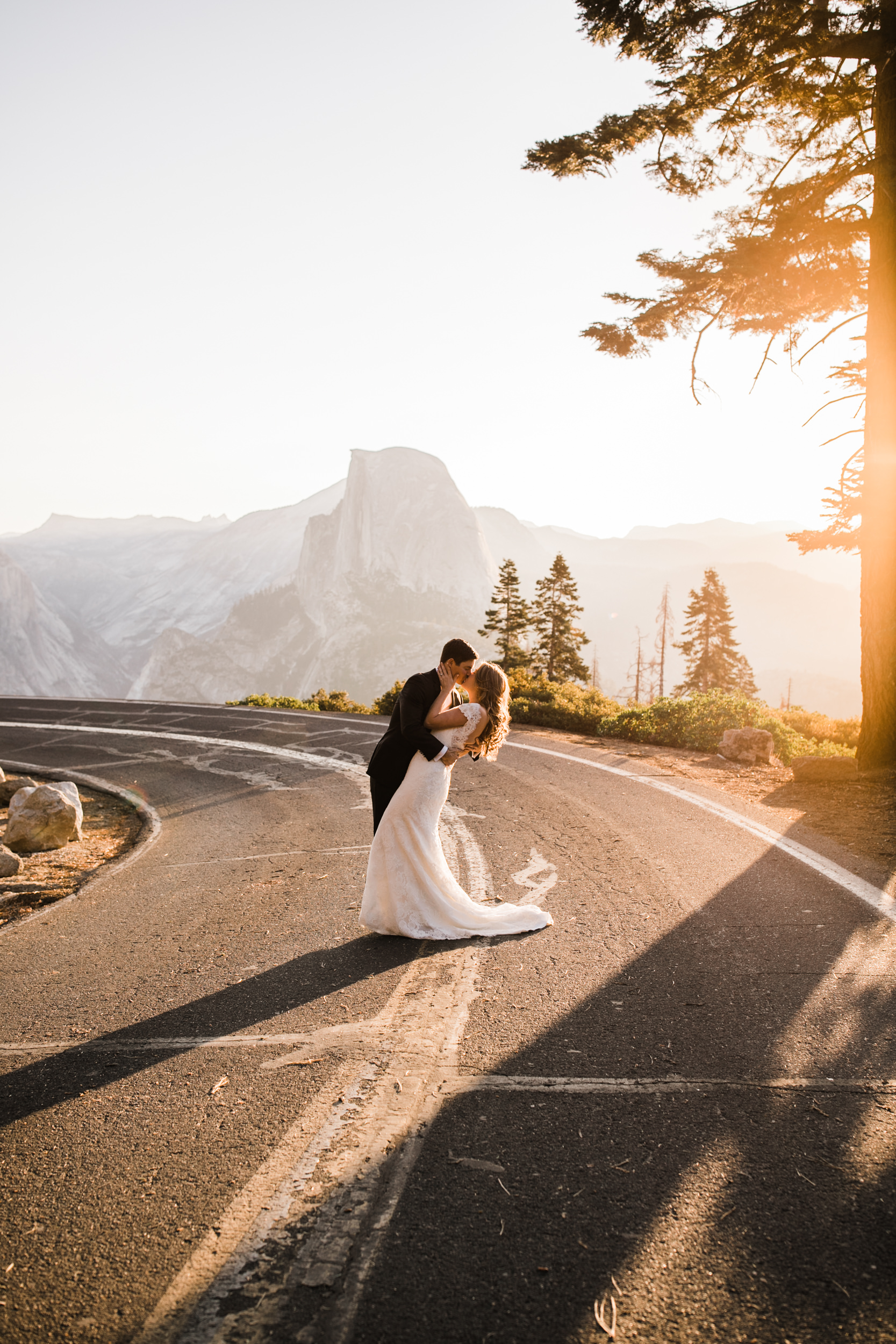 first look and wedding portraits at glacier point | bride and groom with a dog | yosemite national park elopement photographer | the hearnes adventure photography 