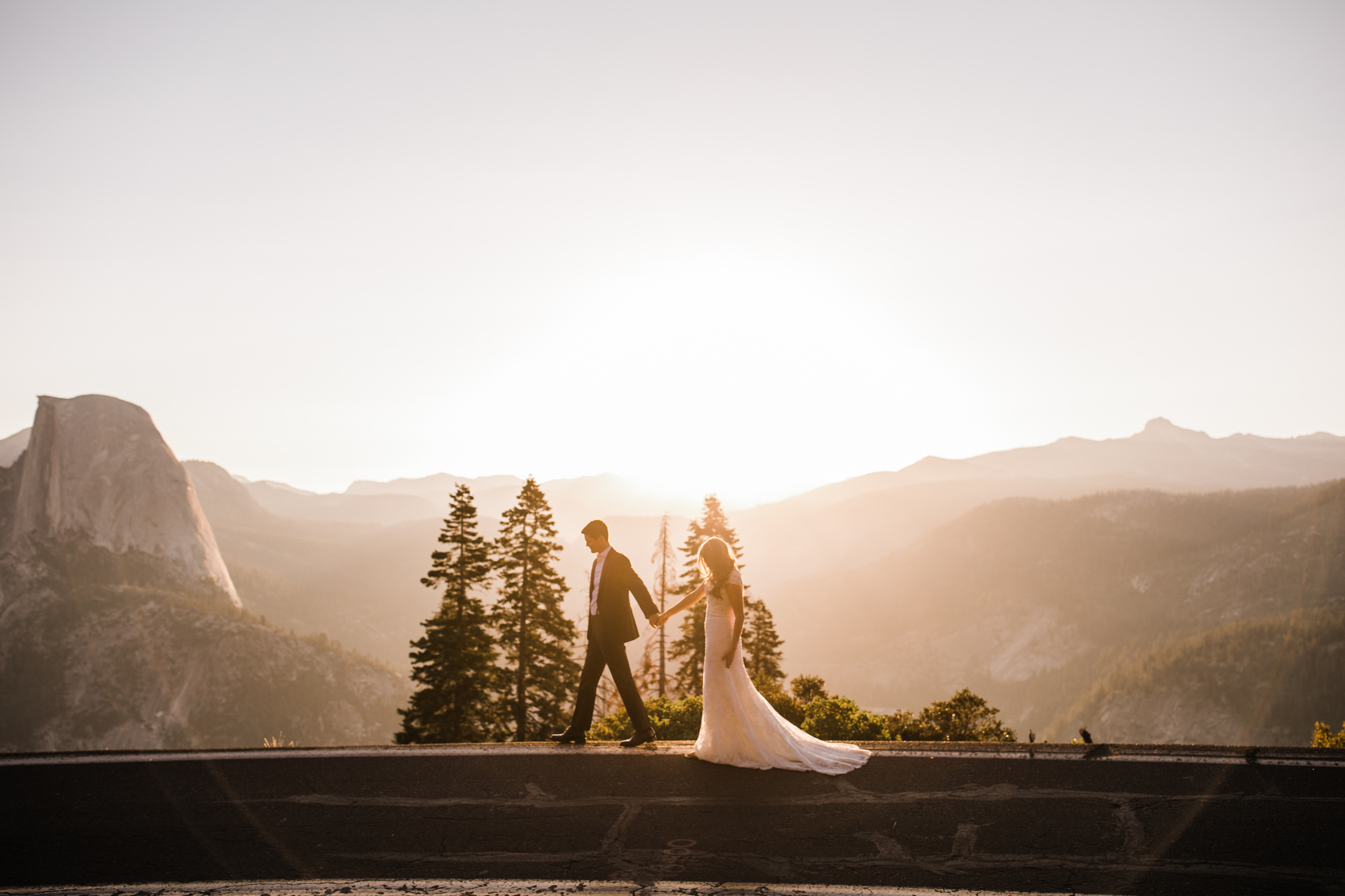 first look and wedding portraits at glacier point | bride and groom with a dog | yosemite national park elopement photographer | the hearnes adventure photography 