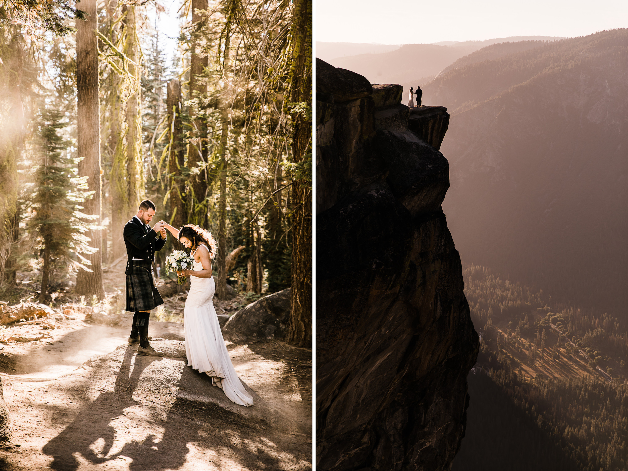 destination elopement in yosemite national park | ceremony + portraits at taft point | groom wearing a kilt + bride wearing boots | the hearnes elopement photography