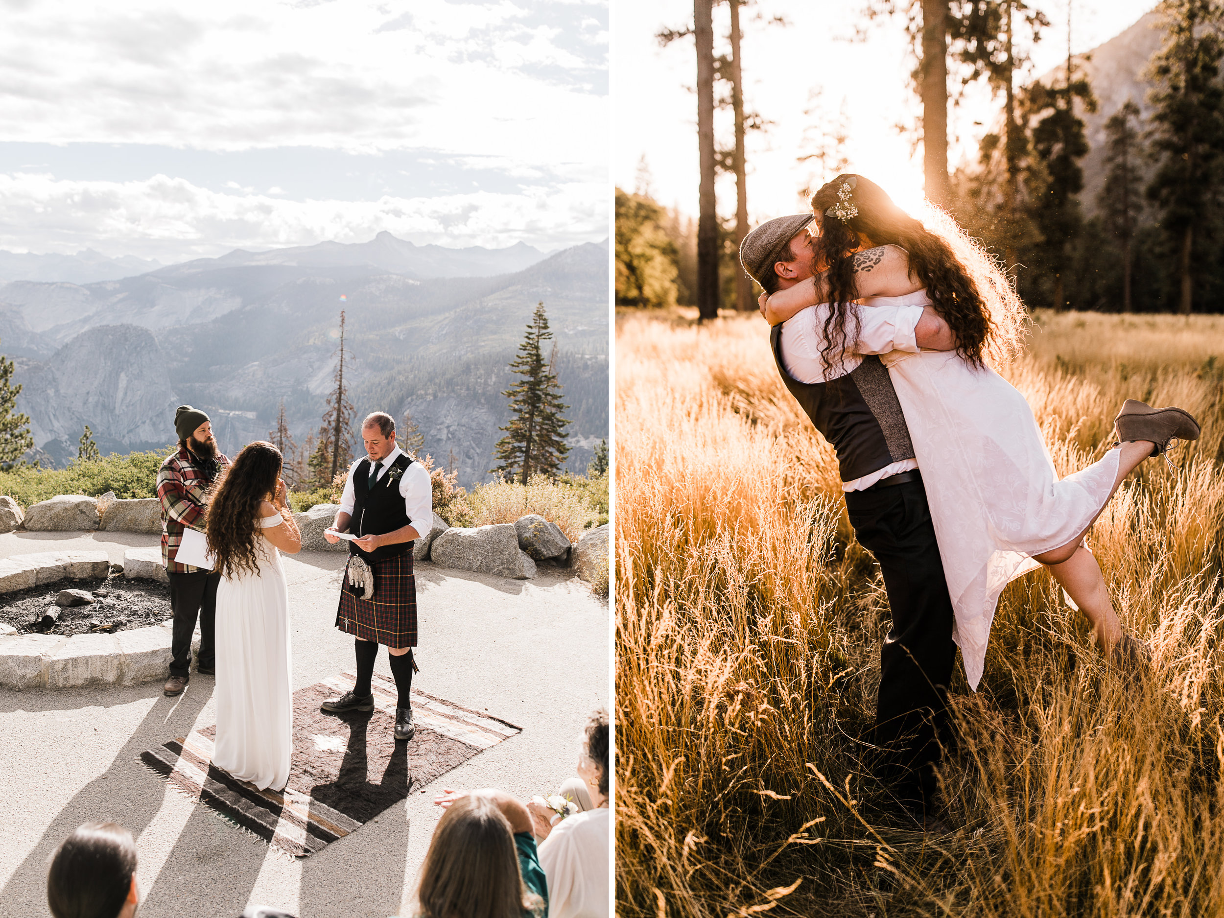 morgan + trevor’s intimate wedding in yosemite national park | private vows at sunrise + wedding ceremony at Glacier Point | groom wearing a kilt | adventure elopement photographer
