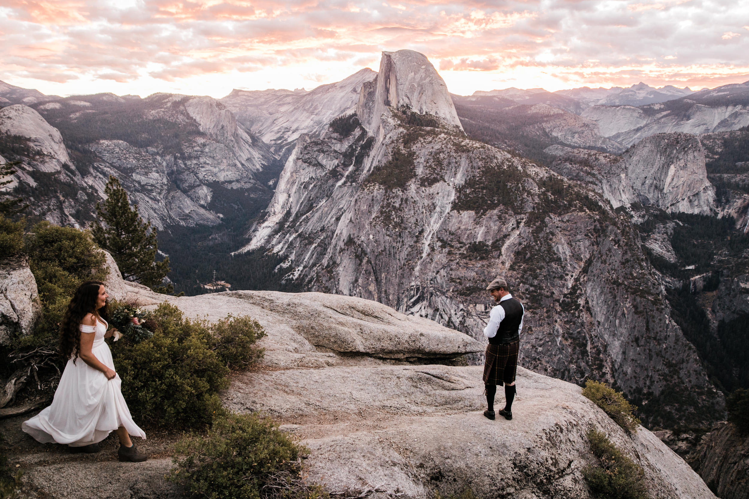 morgan + trevor’s intimate wedding in yosemite national park | private vows at sunrise + wedding ceremony at Glacier Point | groom wearing a kilt | adventure elopement photographer