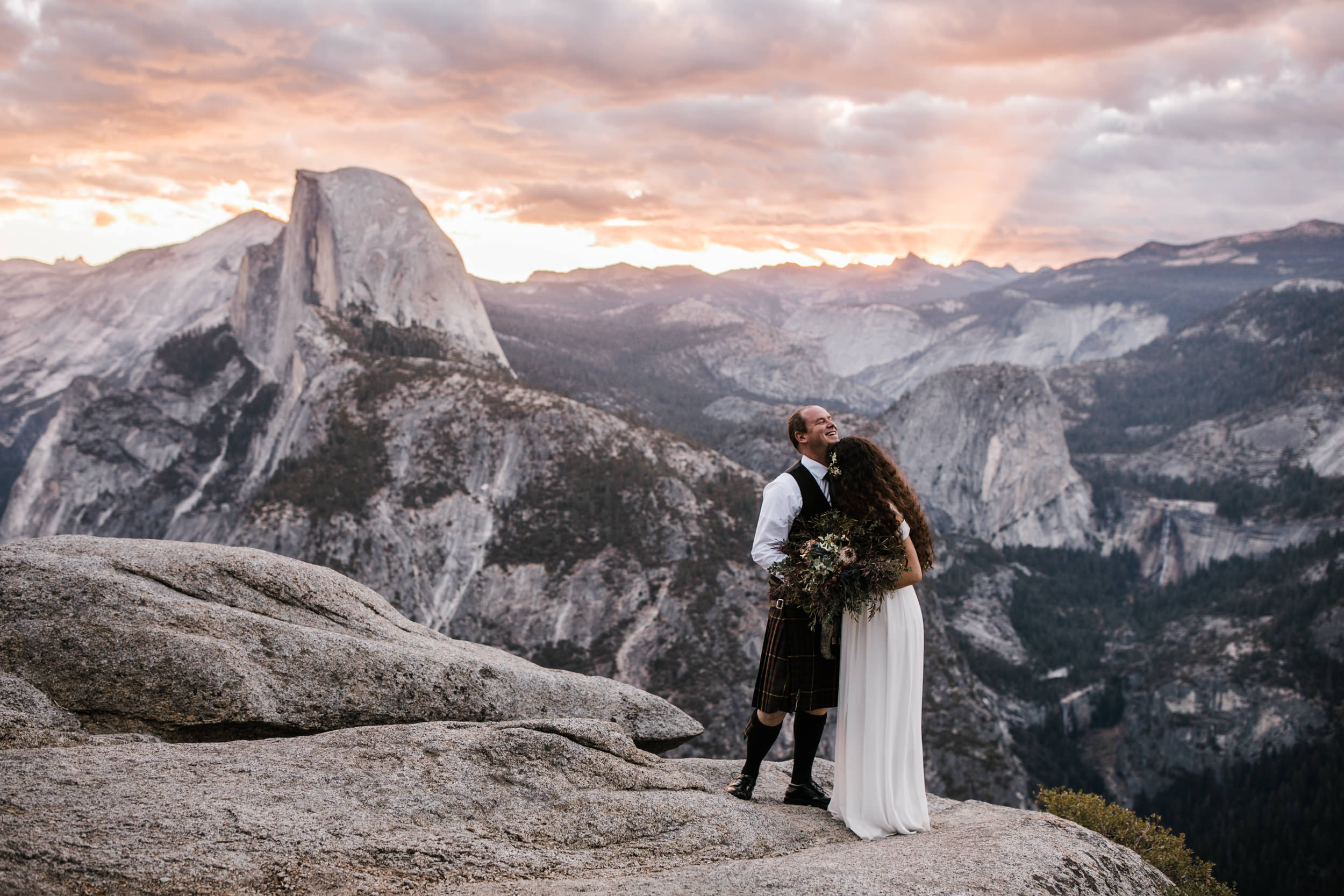 morgan + trevor’s intimate wedding in yosemite national park | private vows at sunrise + wedding ceremony at Glacier Point | groom wearing a kilt | adventure elopement photographer