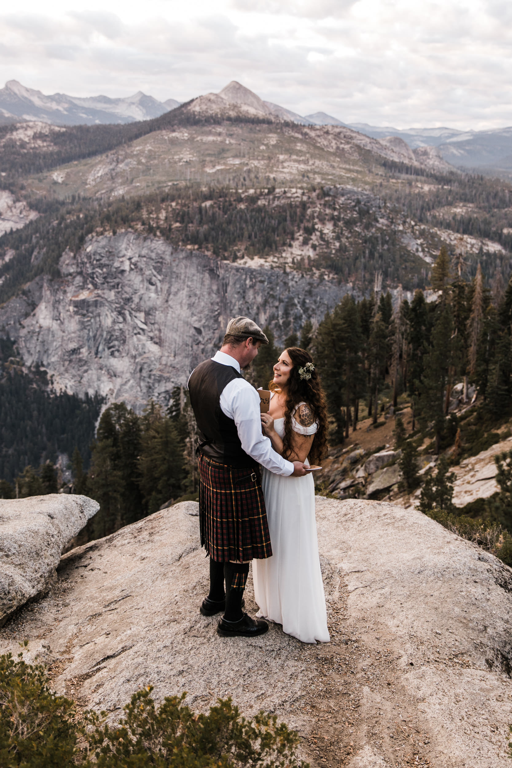 morgan + trevor’s intimate wedding in yosemite national park | private vows at sunrise + wedding ceremony at Glacier Point | groom wearing a kilt | adventure elopement photographer