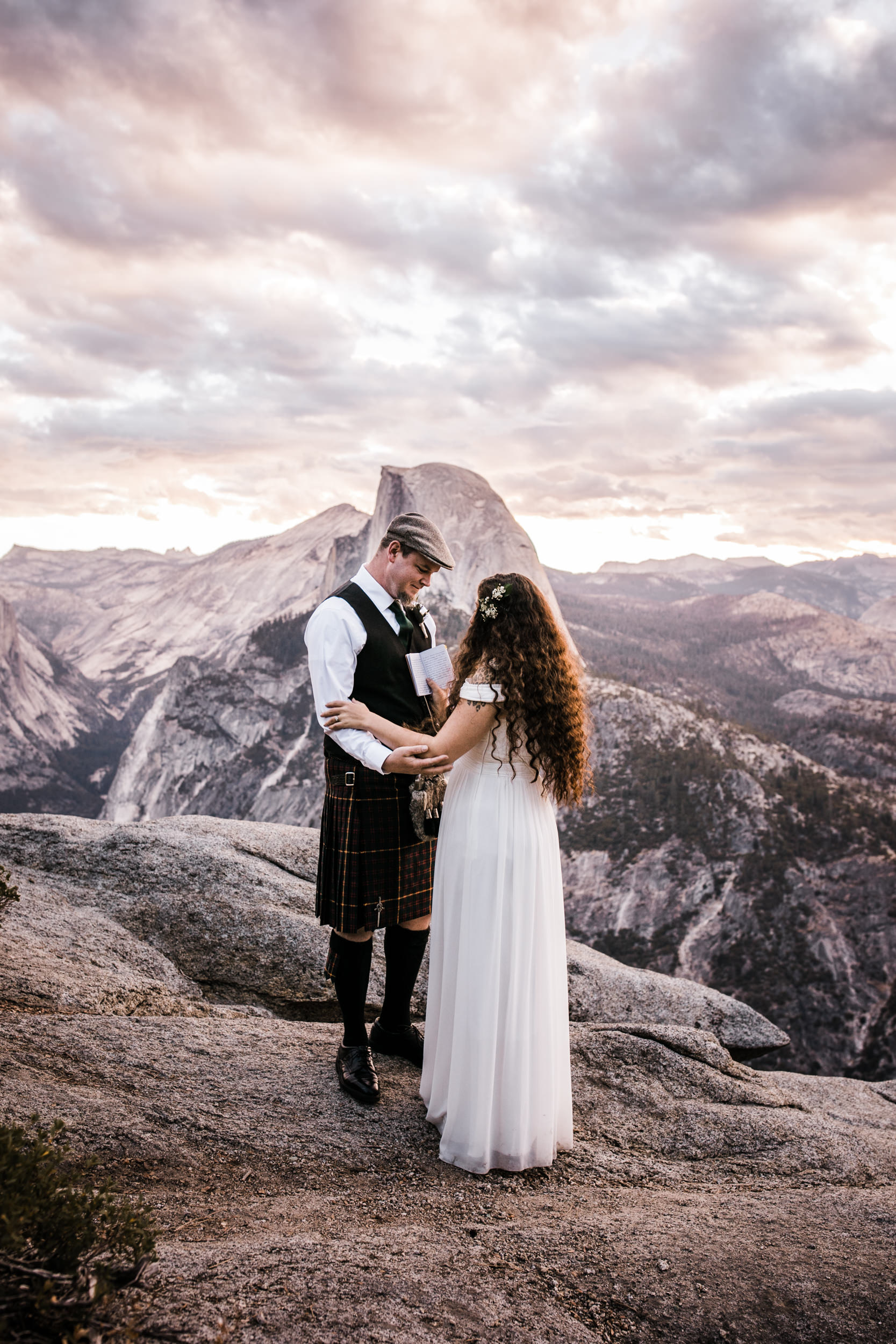 morgan + trevor’s intimate wedding in yosemite national park | private vows at sunrise + wedding ceremony at Glacier Point | groom wearing a kilt | adventure elopement photographer