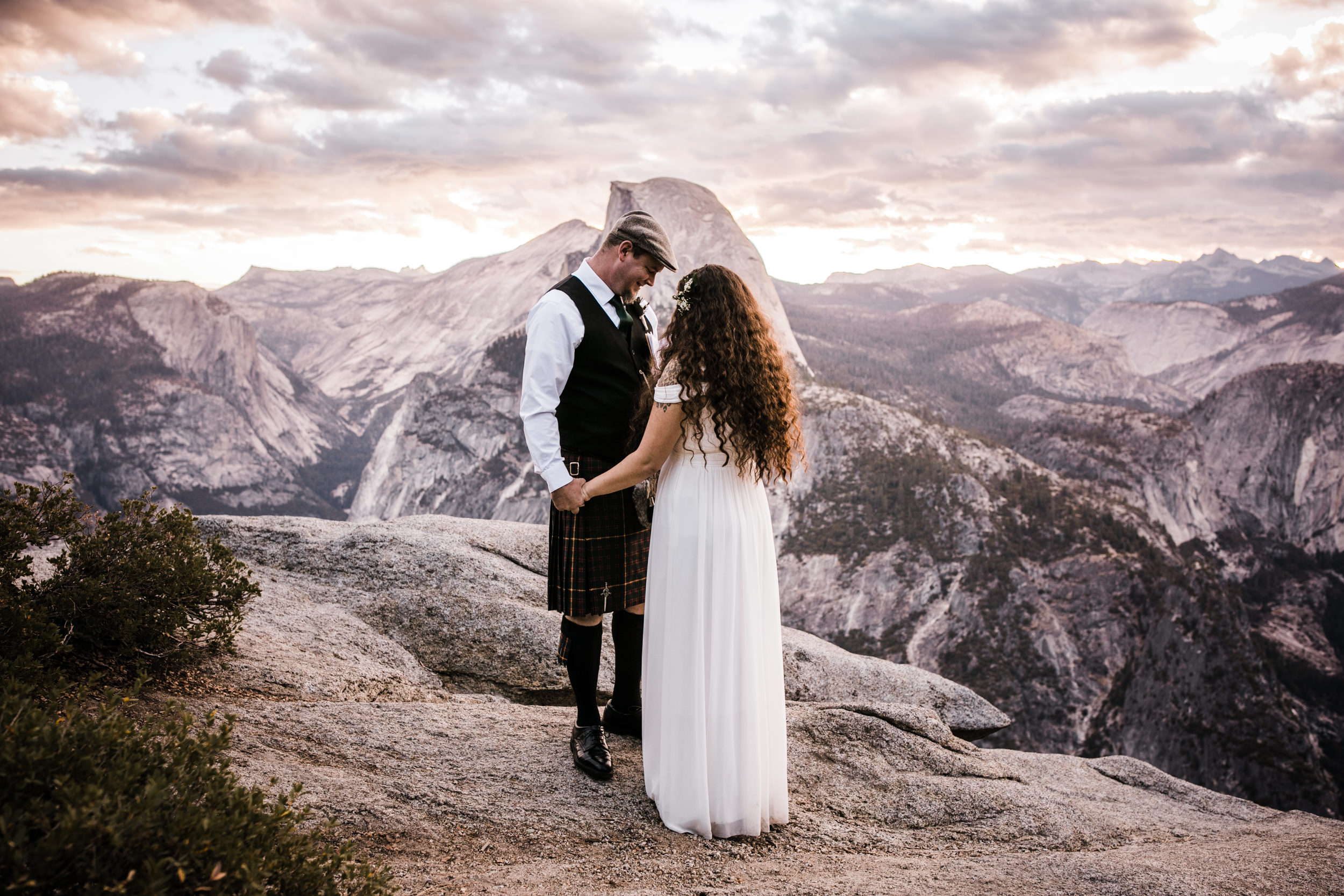 morgan + trevor’s intimate wedding in yosemite national park | private vows at sunrise + wedding ceremony at Glacier Point | groom wearing a kilt | adventure elopement photographer