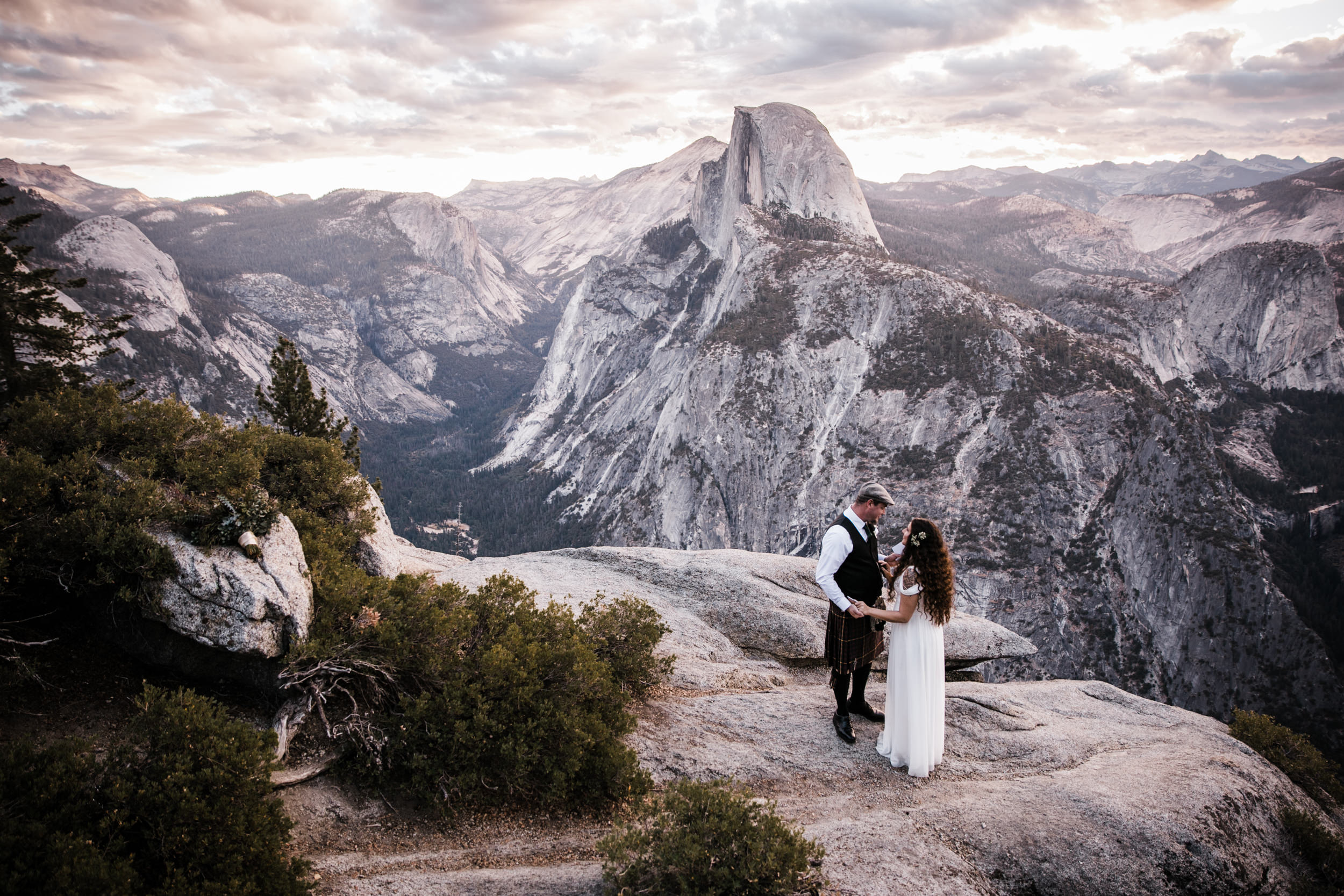 morgan + trevor’s intimate wedding in yosemite national park | private vows at sunrise + wedding ceremony at Glacier Point | groom wearing a kilt | adventure elopement photographer