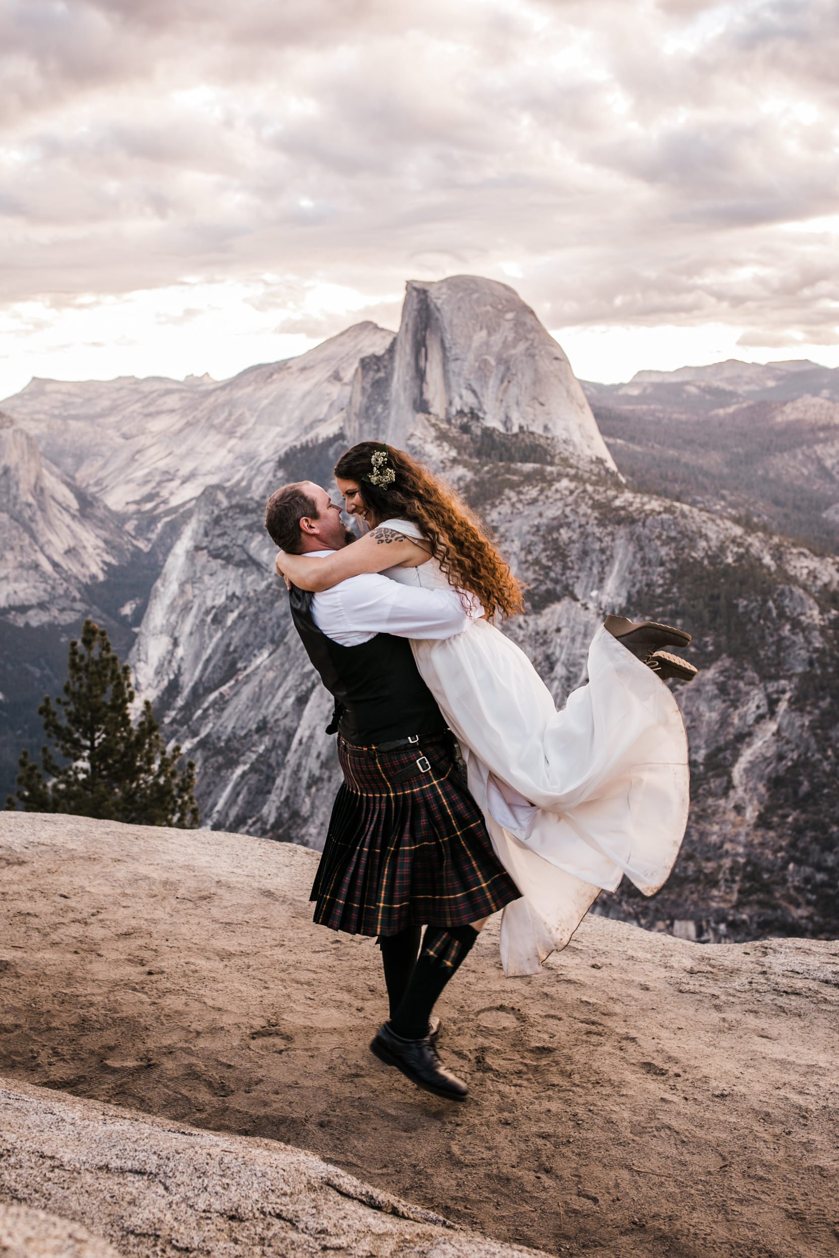 morgan + trevor’s intimate wedding in yosemite national park | private vows at sunrise + wedding ceremony at Glacier Point | groom wearing a kilt | adventure elopement photographer