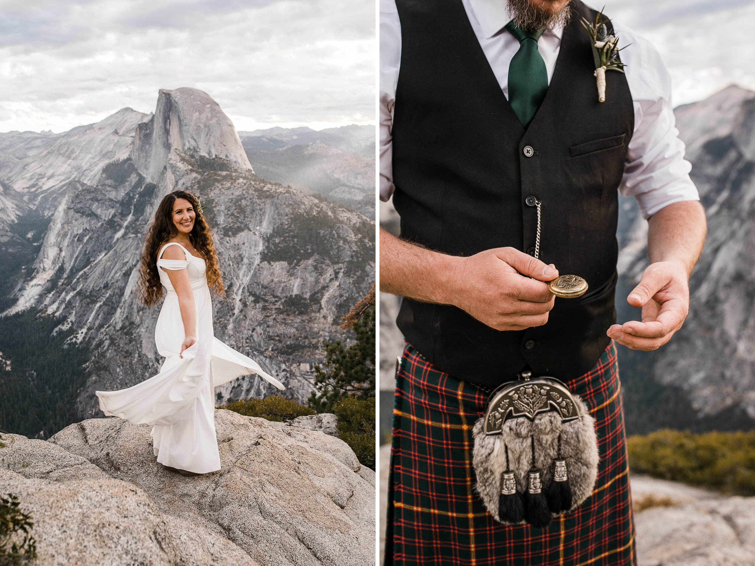 morgan + trevor’s intimate wedding in yosemite national park | private vows at sunrise + wedding ceremony at Glacier Point | groom wearing a kilt | adventure elopement photographer