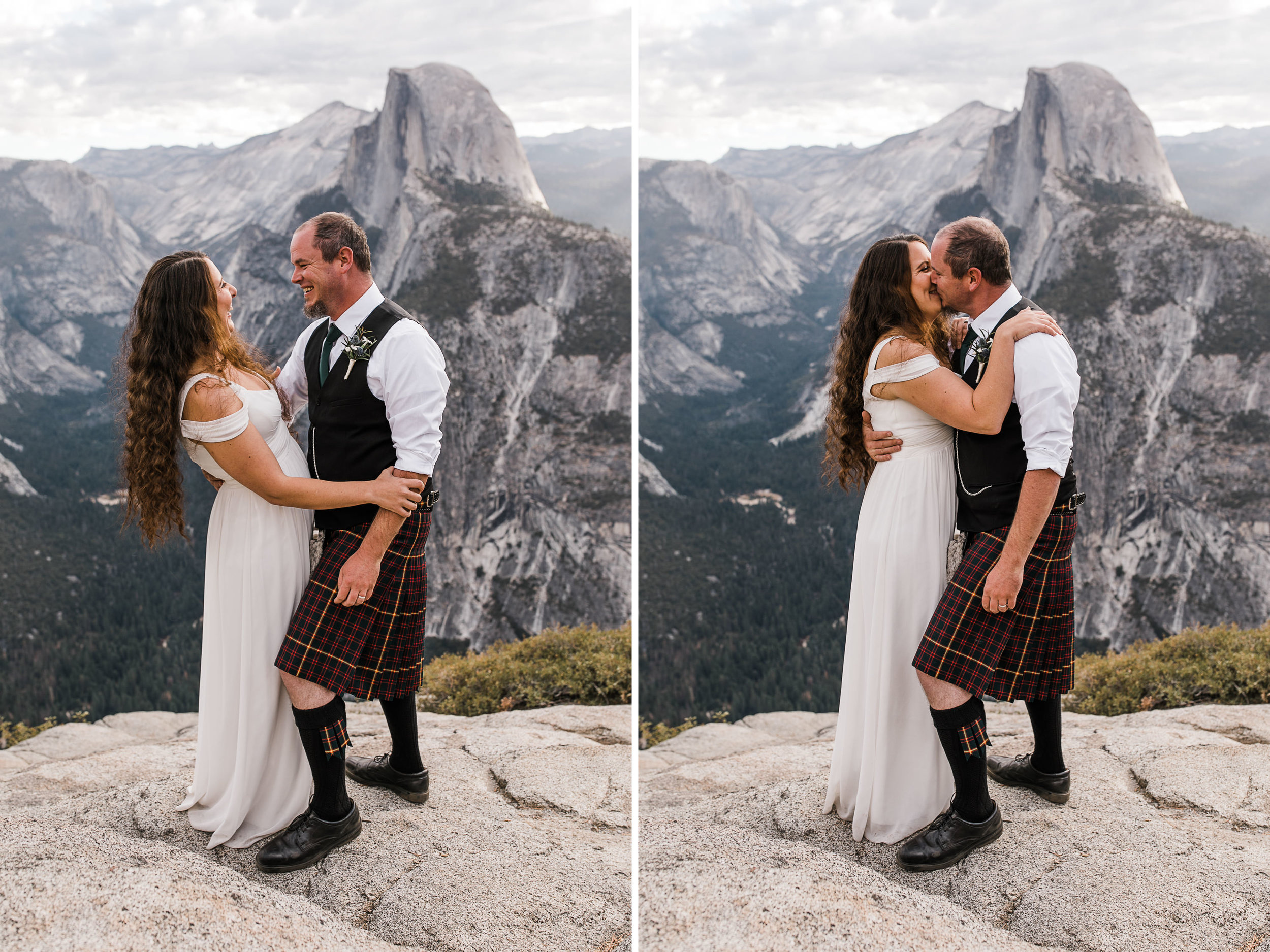 morgan + trevor’s intimate wedding in yosemite national park | private vows at sunrise + wedding ceremony at Glacier Point | groom wearing a kilt | adventure elopement photographer