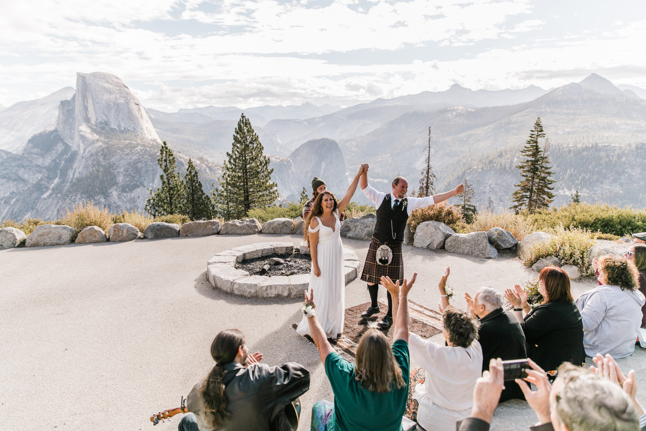 morgan + trevor’s intimate wedding in yosemite national park | private vows at sunrise + wedding ceremony at Glacier Point | groom wearing a kilt | adventure elopement photographer