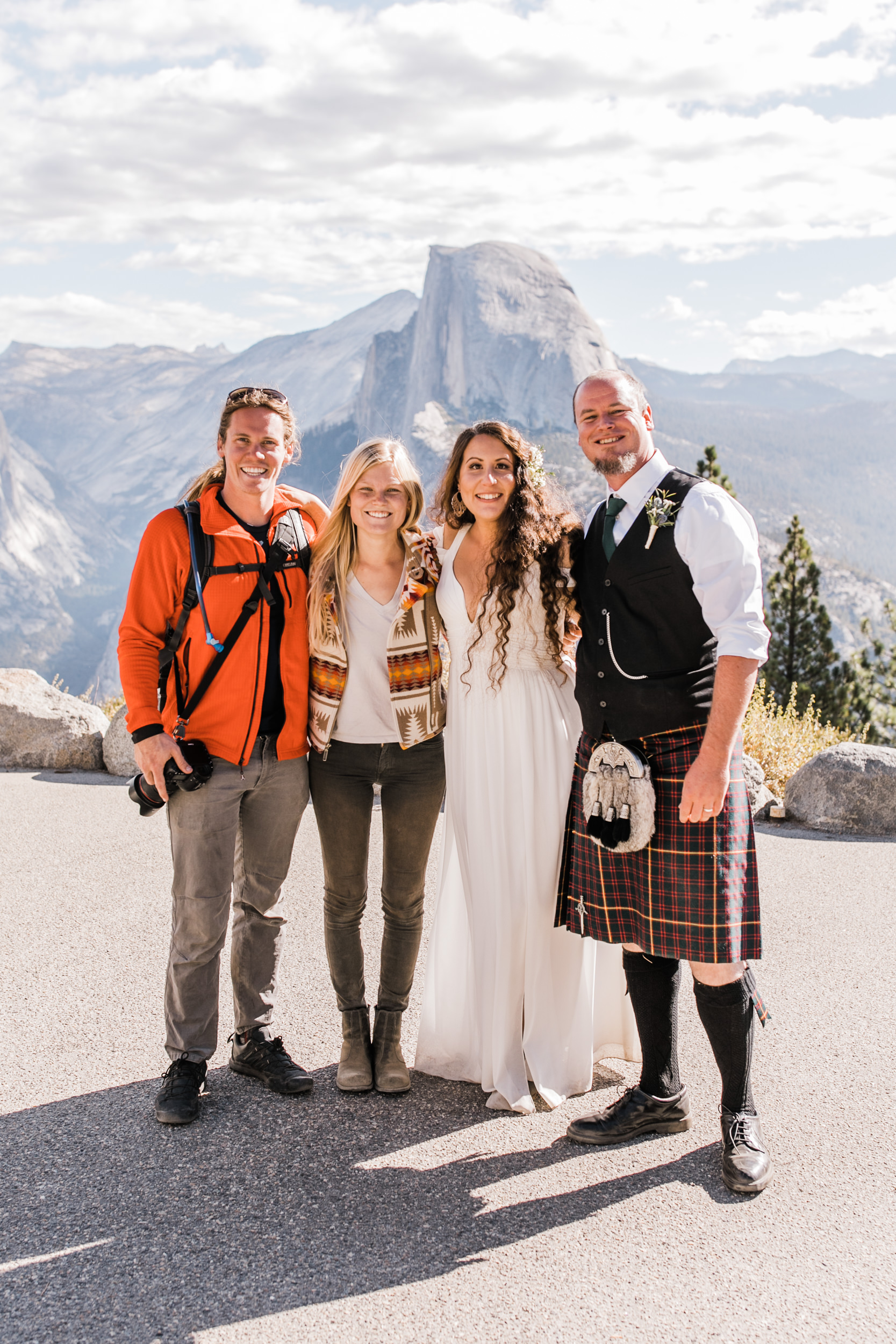 morgan + trevor’s intimate wedding in yosemite national park | private vows at sunrise + wedding ceremony at Glacier Point | groom wearing a kilt | adventure elopement photographer