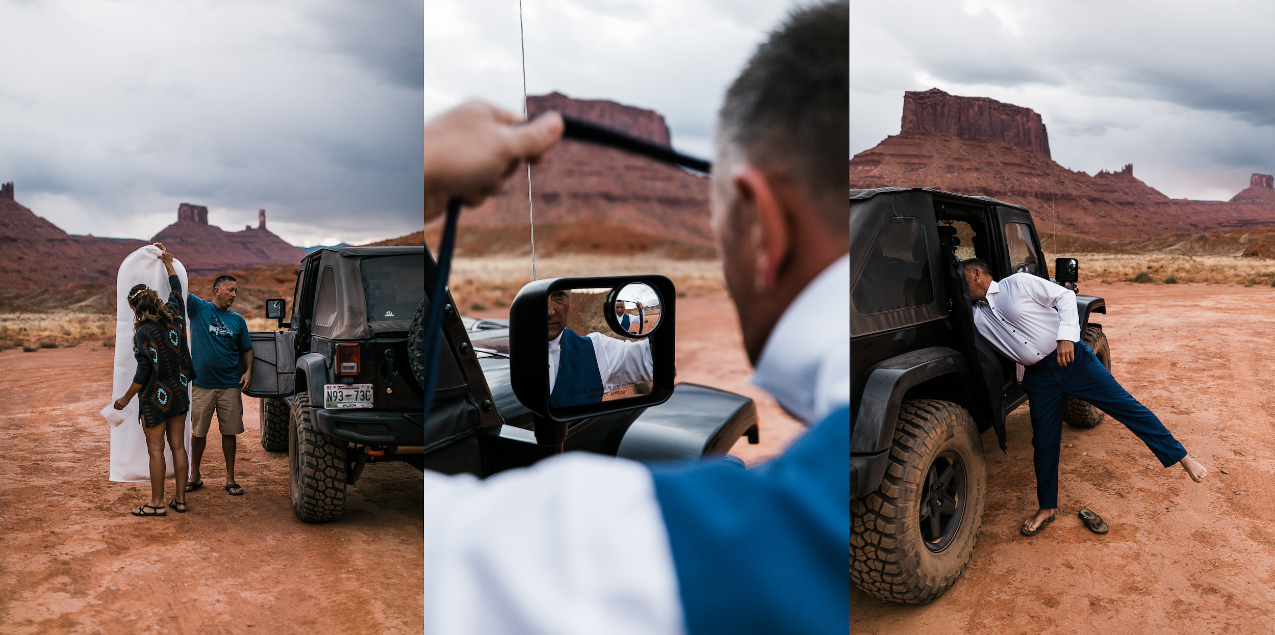 adventure jeep wedding in the utah desert | rue de seine bride | blue tux groom | moab elopement photographer | the hearnes adventure photography