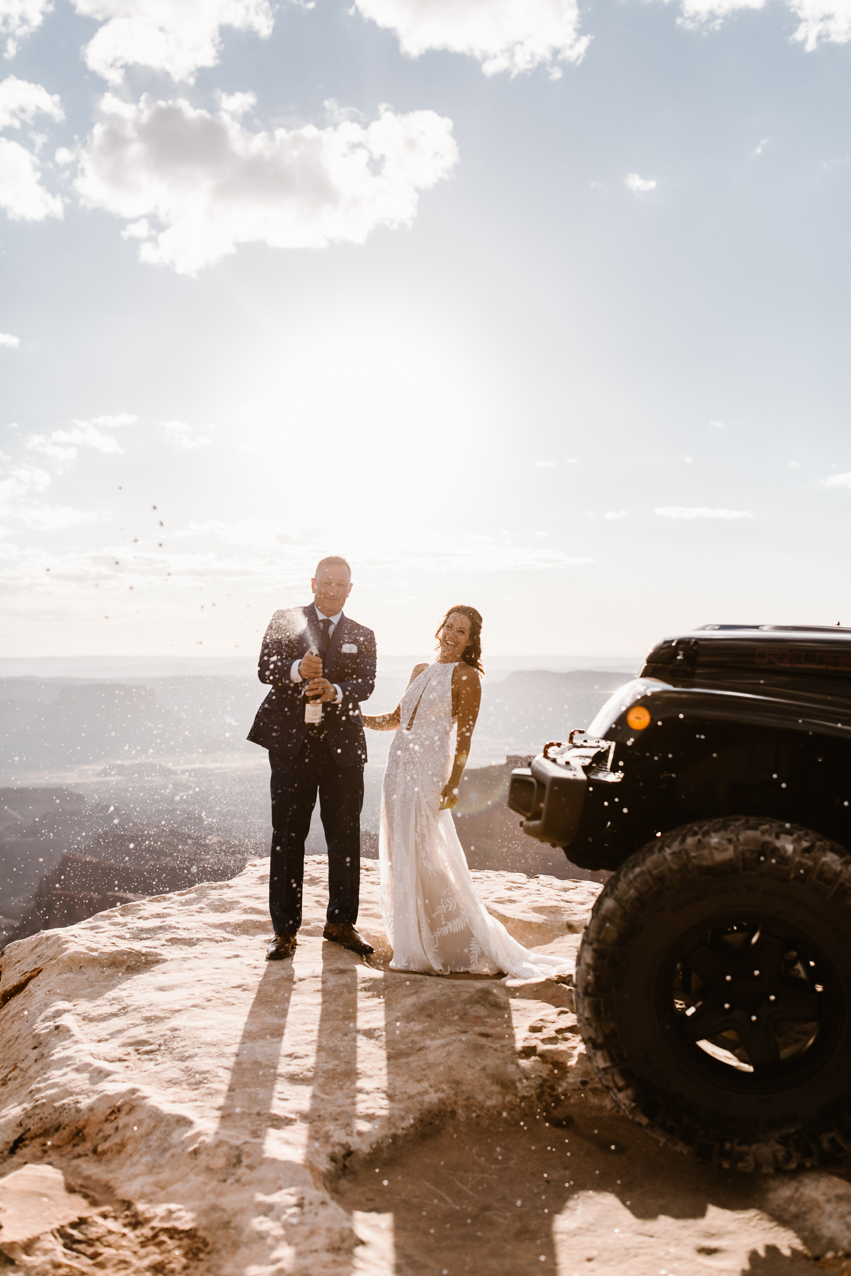 adventure jeep wedding in the utah desert | rue de seine bride | blue tux groom | moab elopement photographer | the hearnes adventure photography
