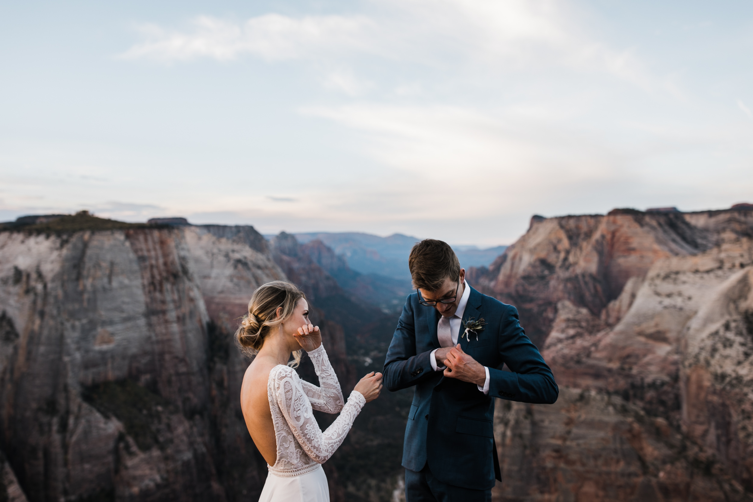 erin + marshall’s sunrise elopement ceremony overlooking zion national park | hiking wedding | utah elopement photographer | the hearnes adventure photography