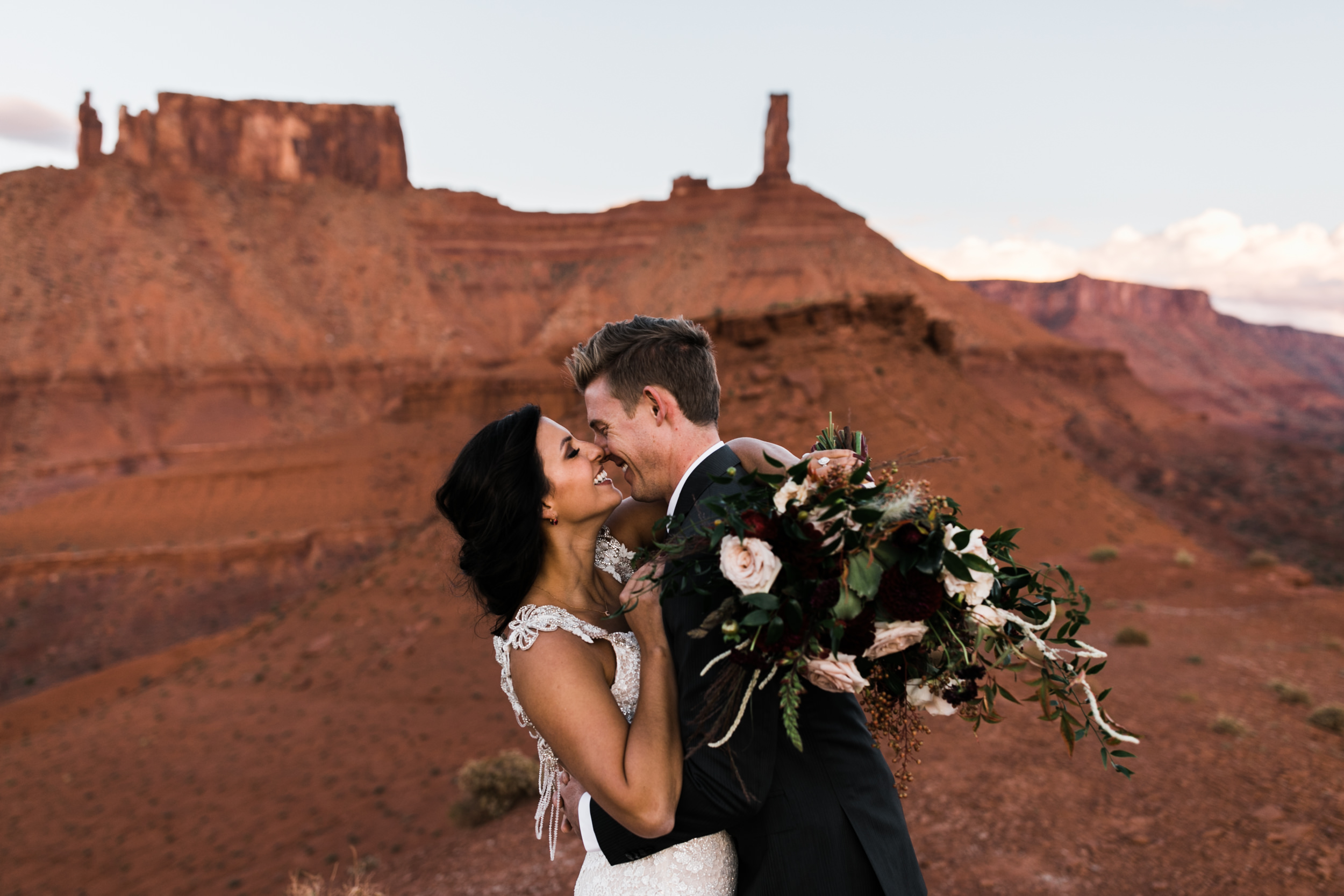 moab, utah wedding first look session | galia lahav bride | bridals in the desert | the hearnes adventure photography