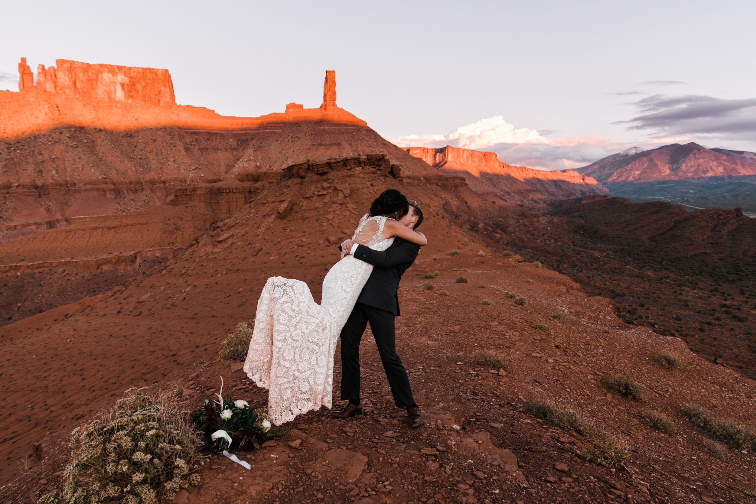 moab, utah wedding first look session | galia lahav bride | bridals in the desert | the hearnes adventure photography