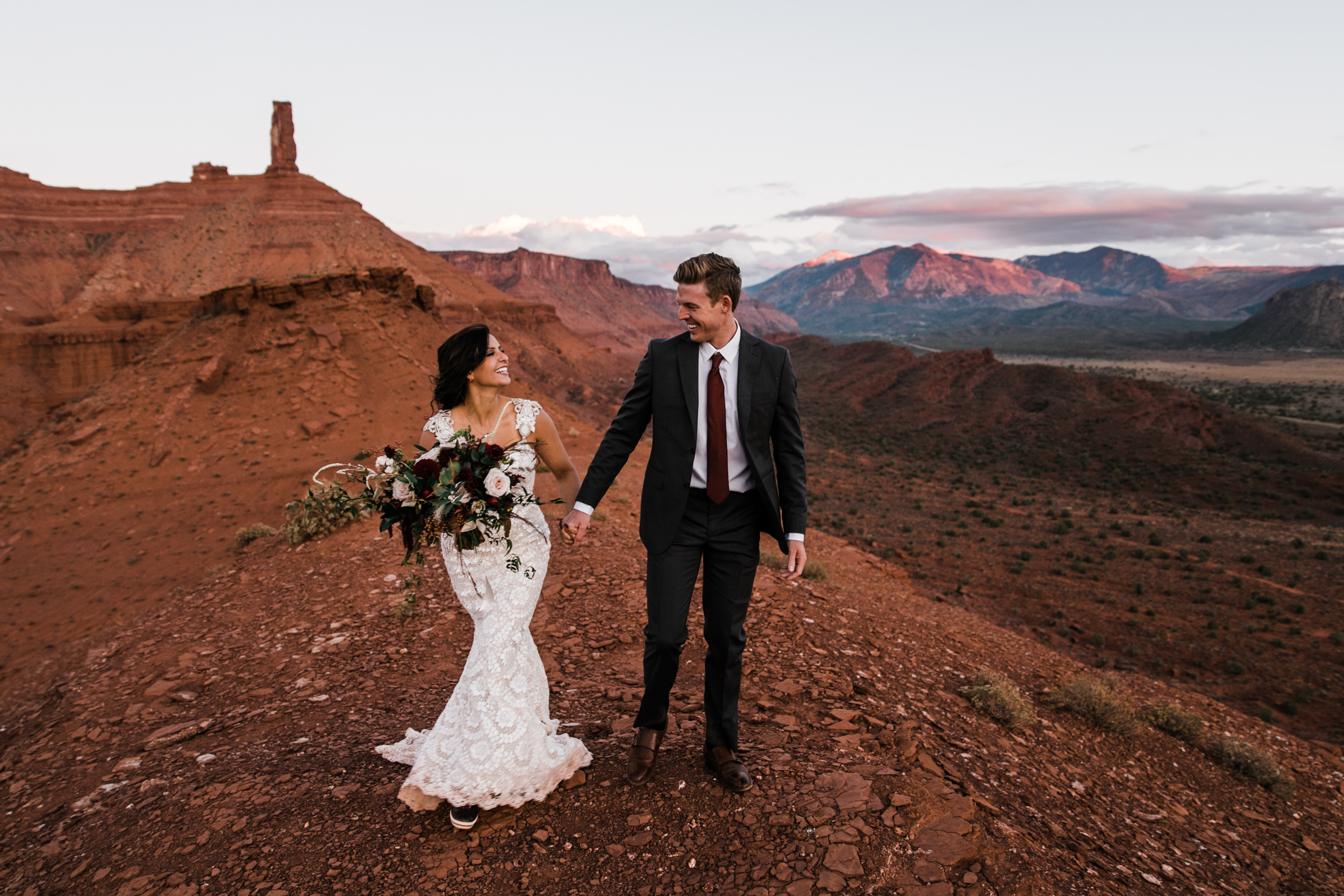 moab, utah wedding first look session | galia lahav bride | bridals in the desert | the hearnes adventure photography