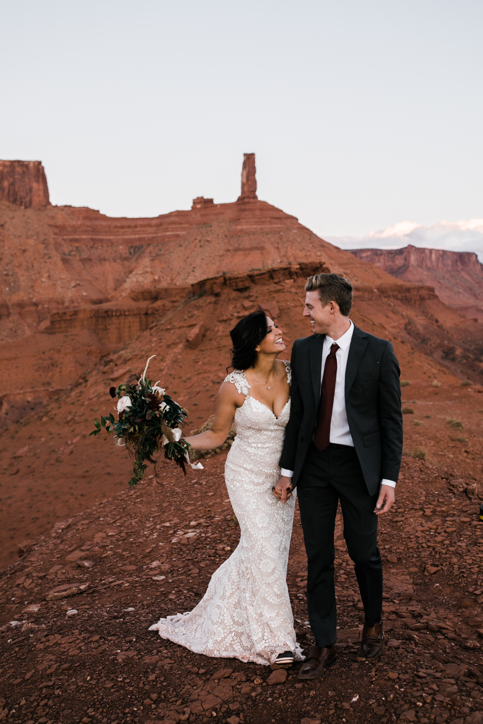 moab, utah wedding first look session | galia lahav bride | bridals in the desert | the hearnes adventure photography