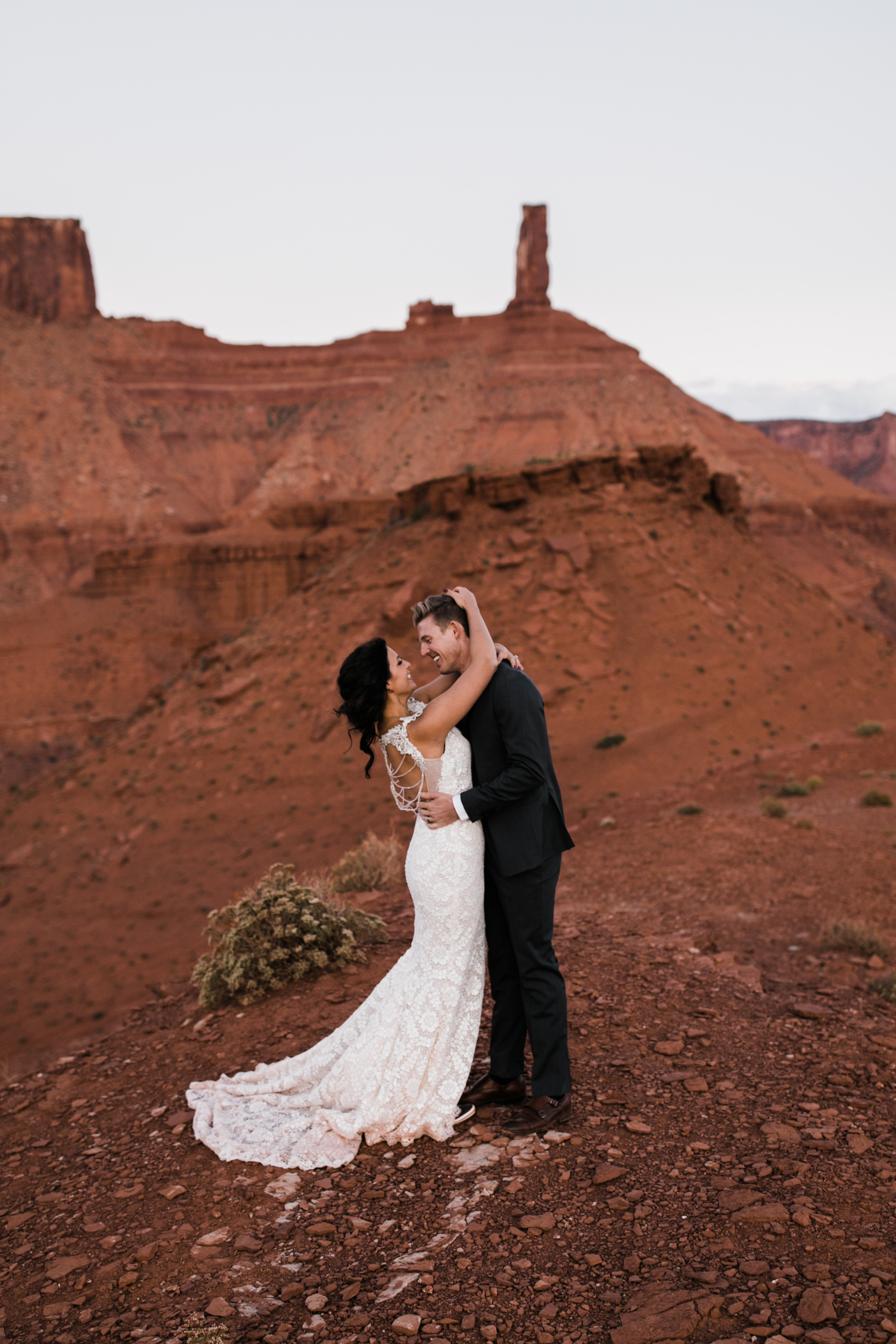 moab, utah wedding first look session | galia lahav bride | bridals in the desert | the hearnes adventure photography