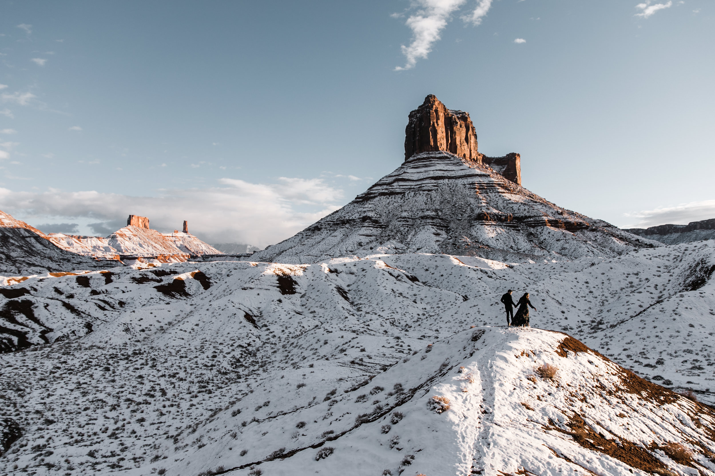 snowy engagement session in moab, utah