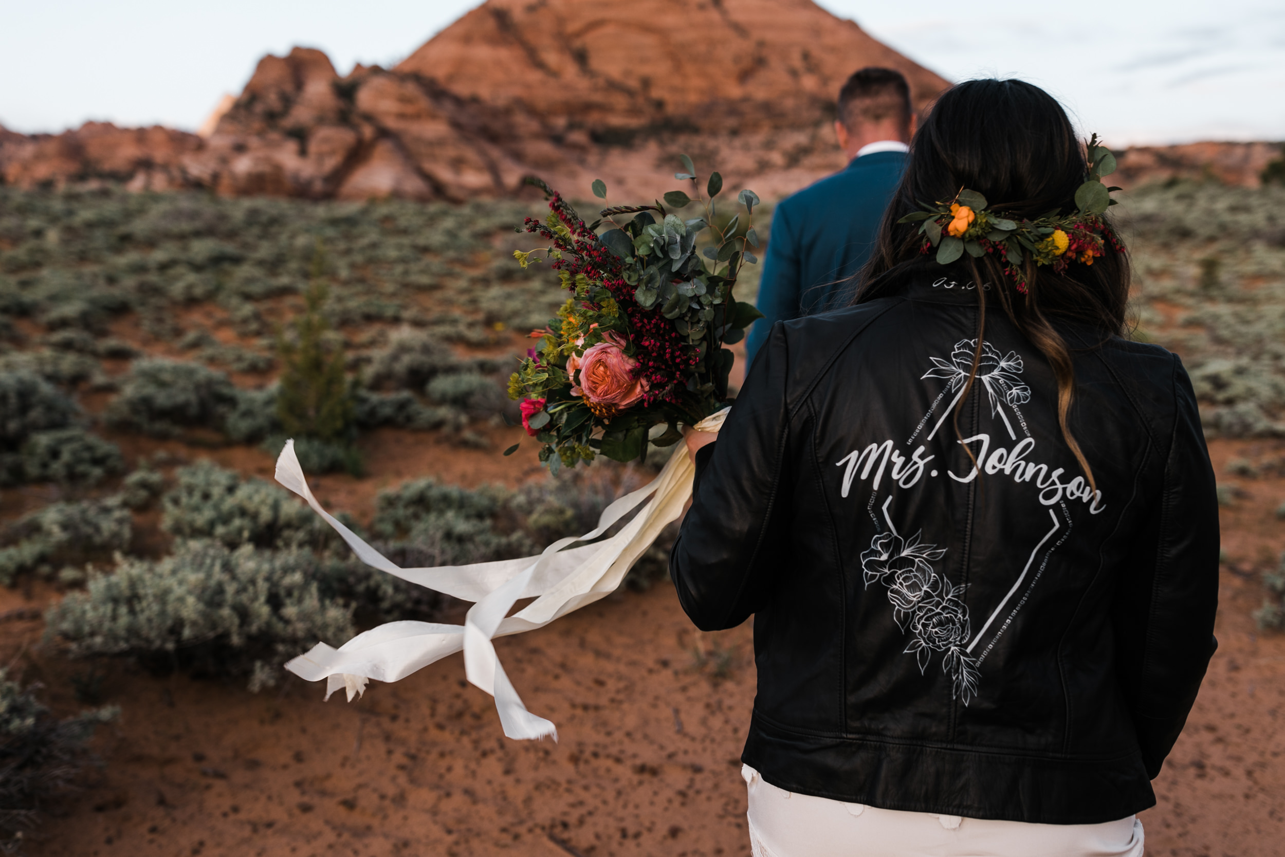 Custom leather bridal jacket | Zion National Park elopement and small wedding inspiration | The Hearnes Adventure Photography