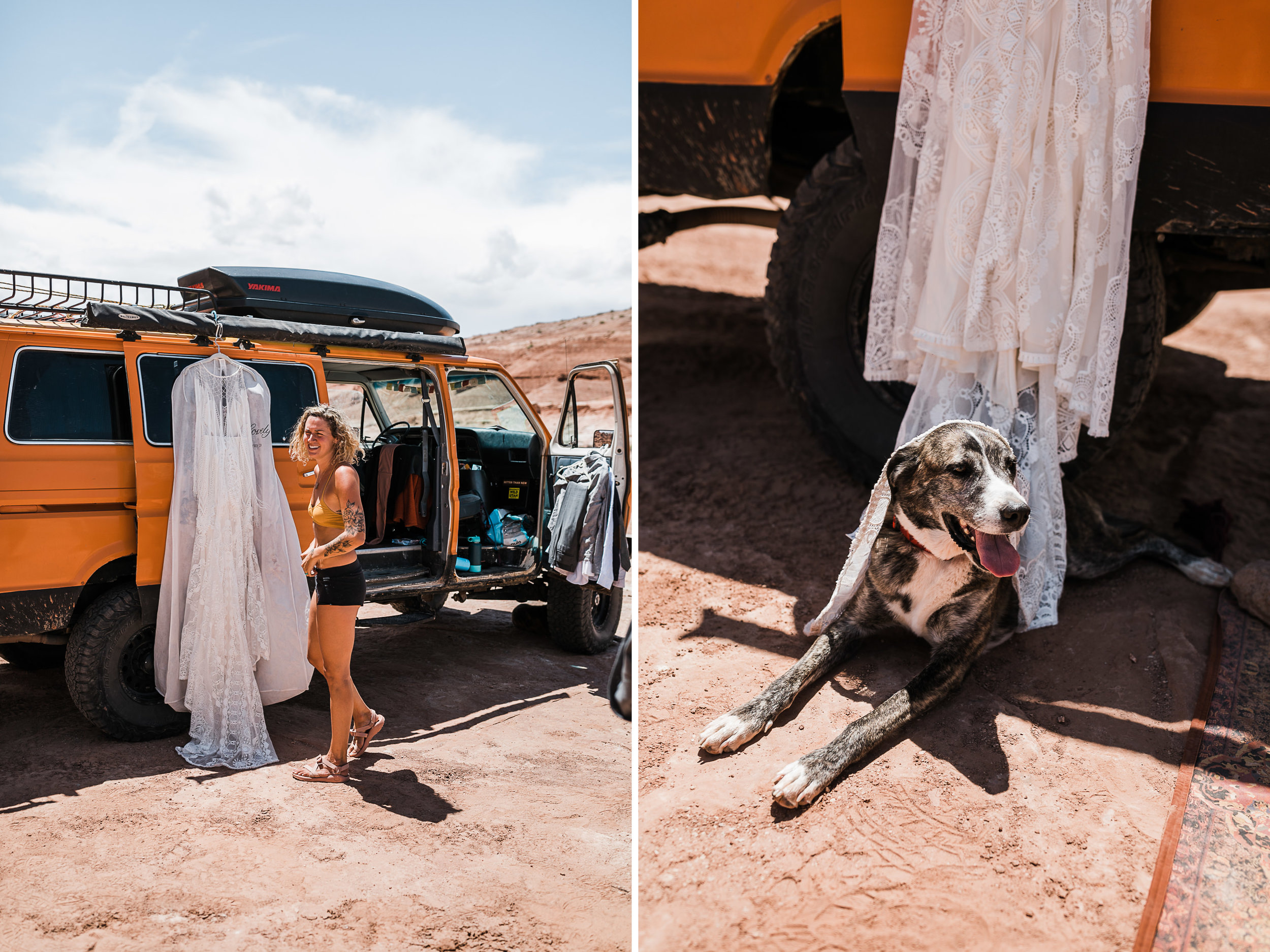 brianna madia getting ready for her elopement with her dogs bucket and dagwood in the utah desert