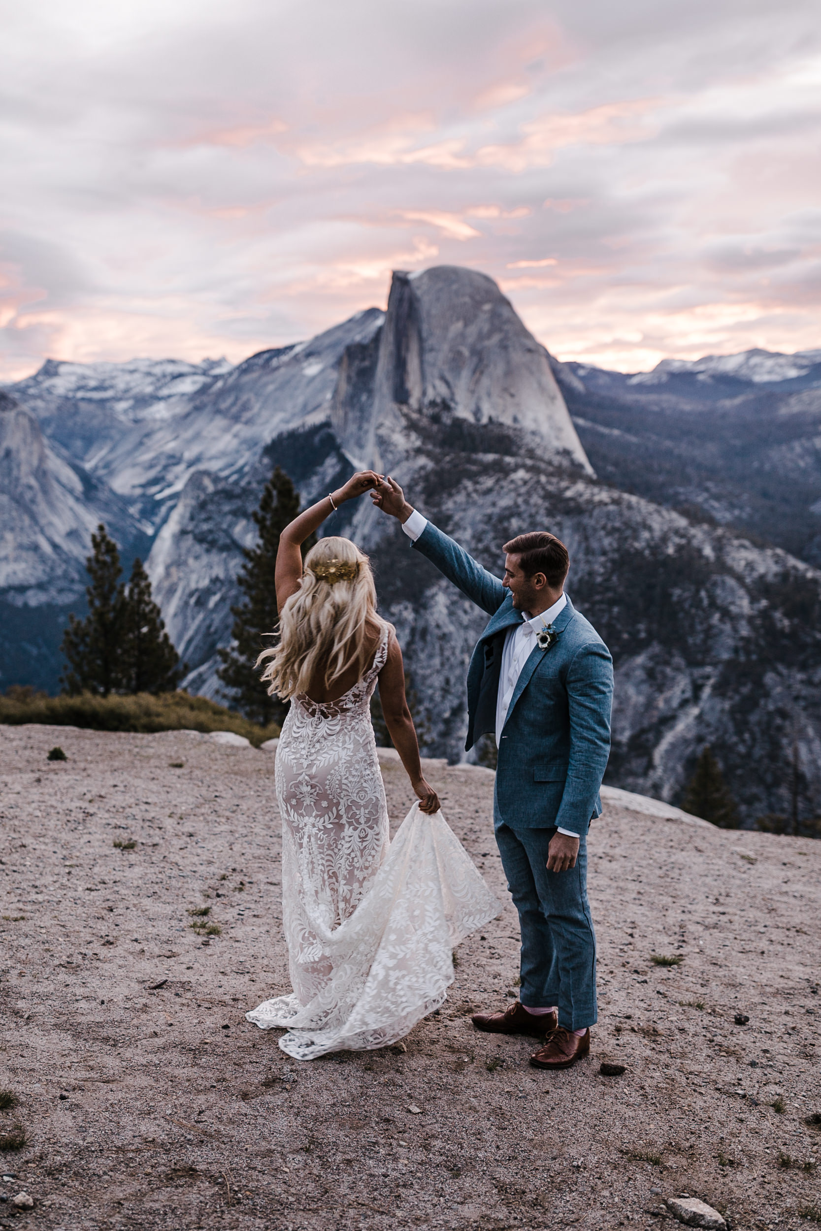 Erika + Grant’s intimate Yosemite National Park destination wedding + romantic backyard reception under twinkle lights | glacier point sunrise first look | the hearnes adventure photography 