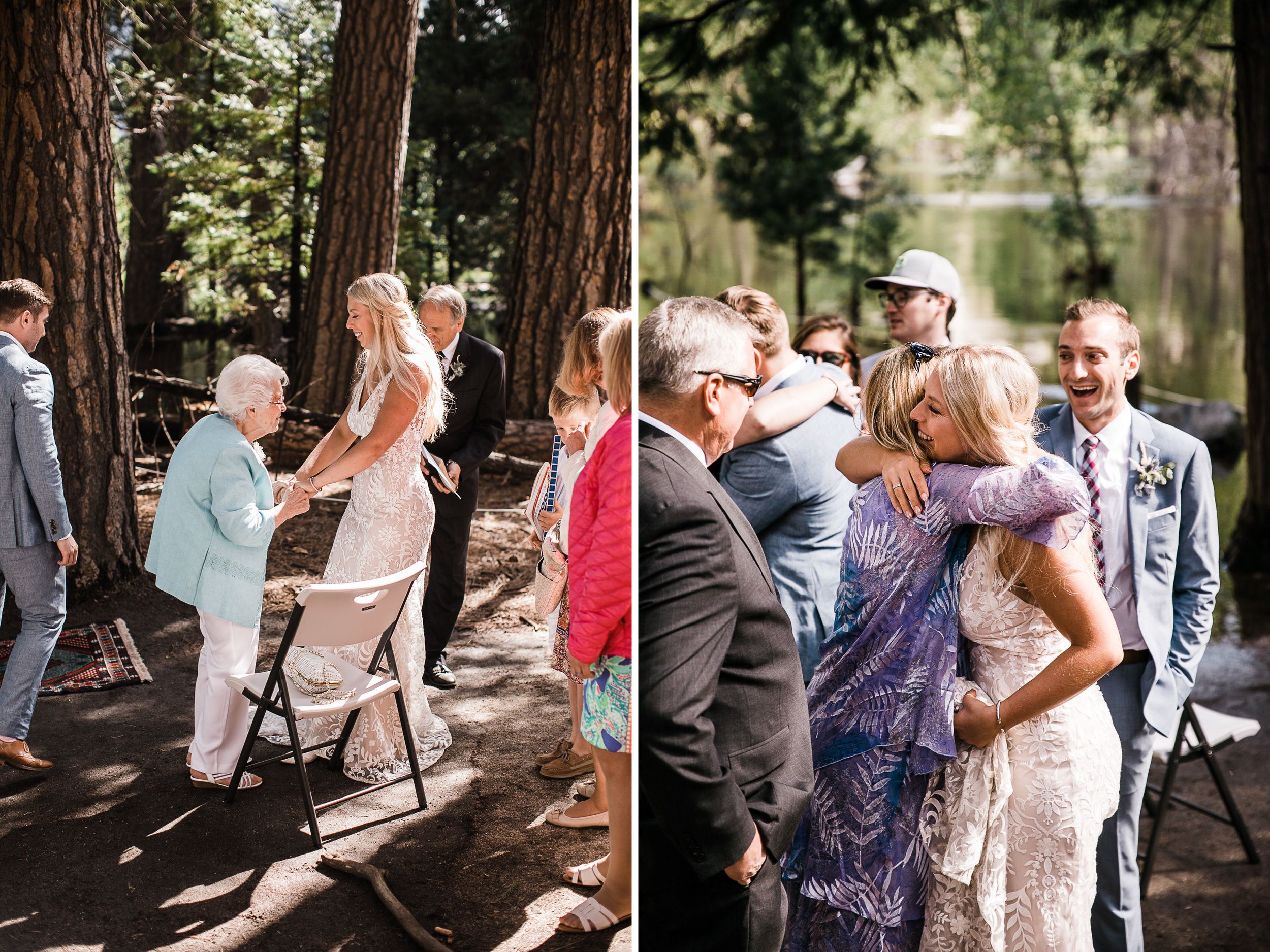 Erika + Grant’s intimate Yosemite National Park destination wedding + romantic backyard reception under twinkle lights | ceremony in the woods in yosemite valley | the hearnes adventure photography