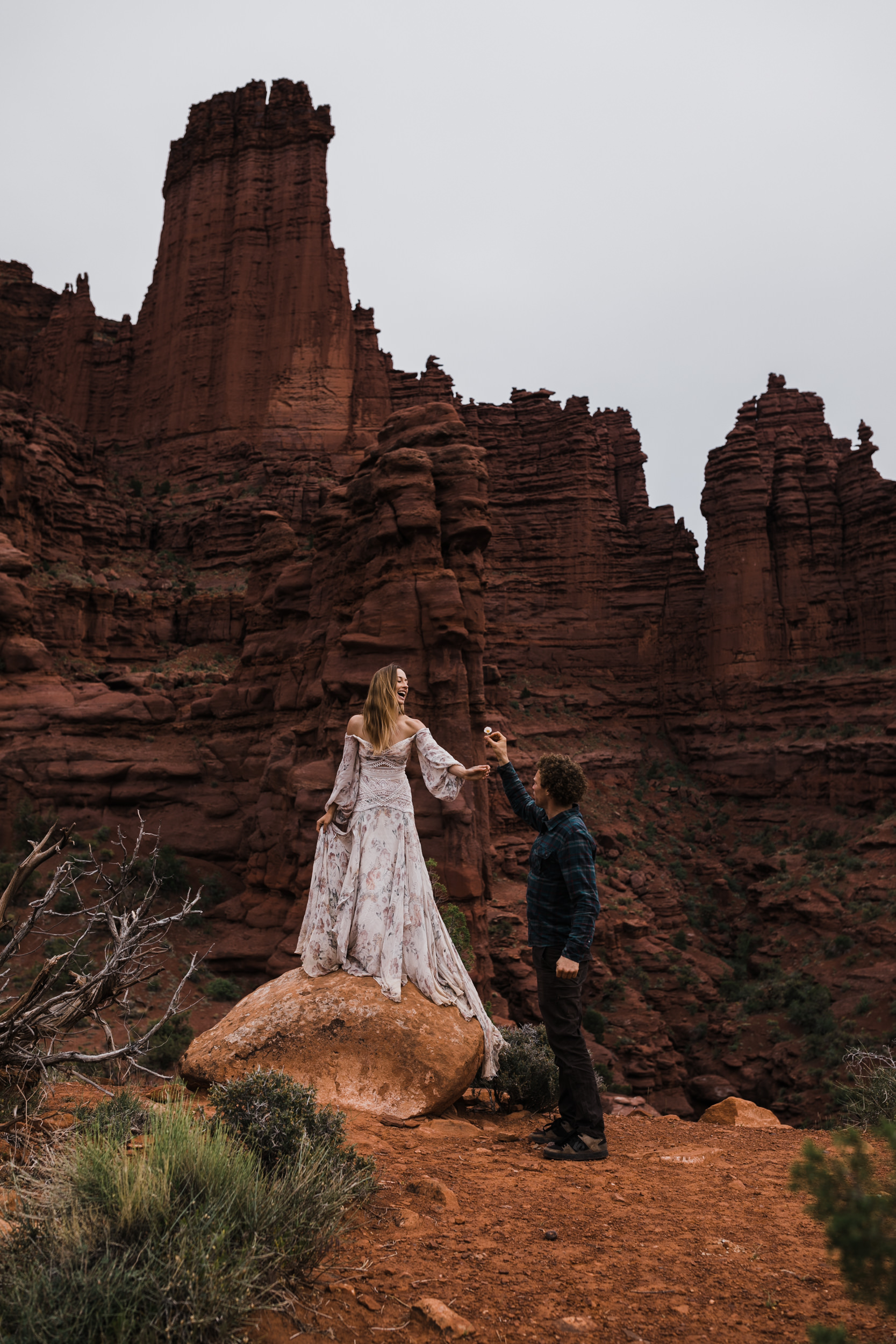 Adventurous Elopement Inspiration in Moab, Utah | With our friends “Sketchy” Andy Lewis and Aleta French | Rue De Seine Nahla Gown | Boho Wedding Gown