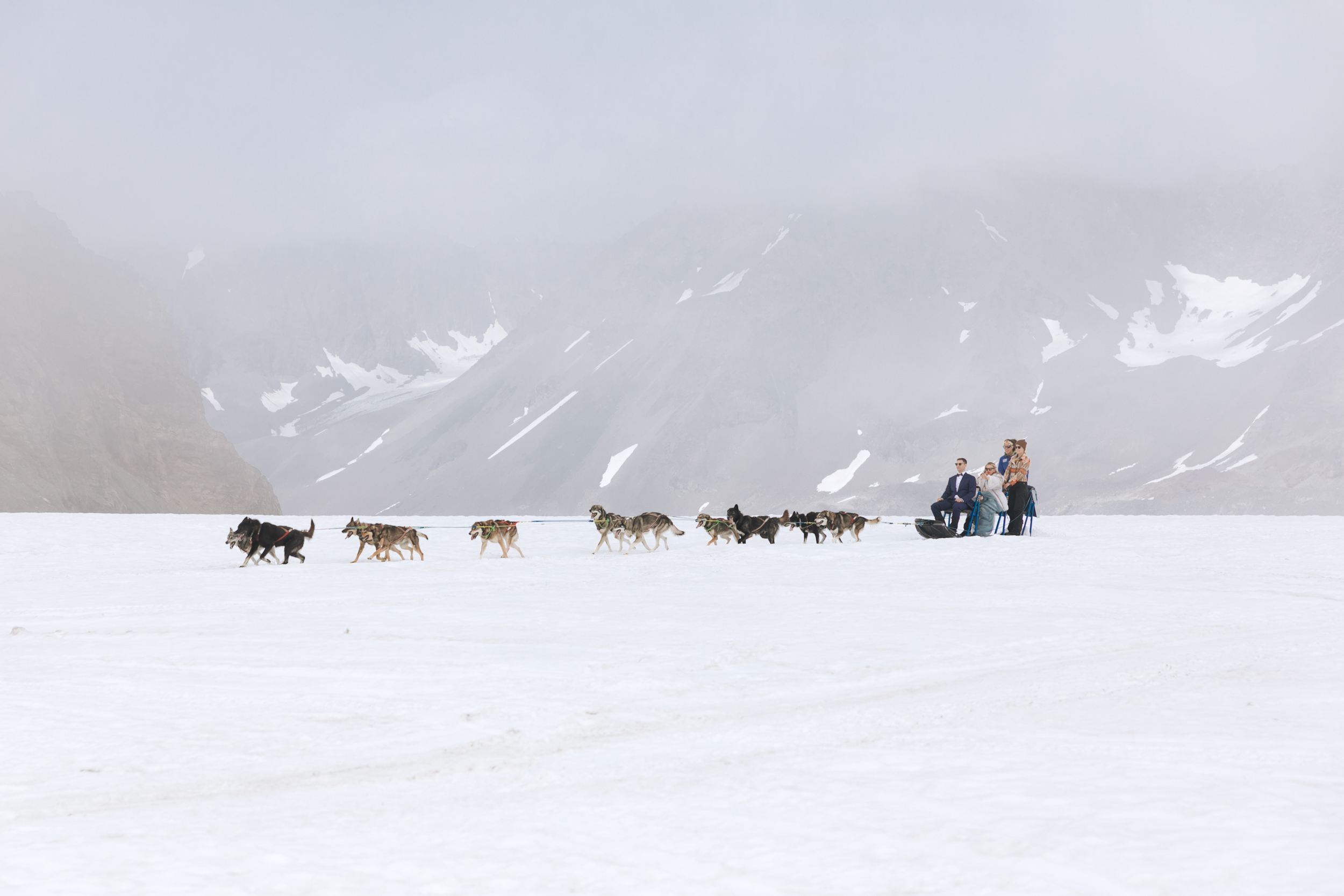 alaska destination wedding in seward | helicopter tour, dog sledding on a glacier | wedding day puppies | the hearnes adventure elopement photography