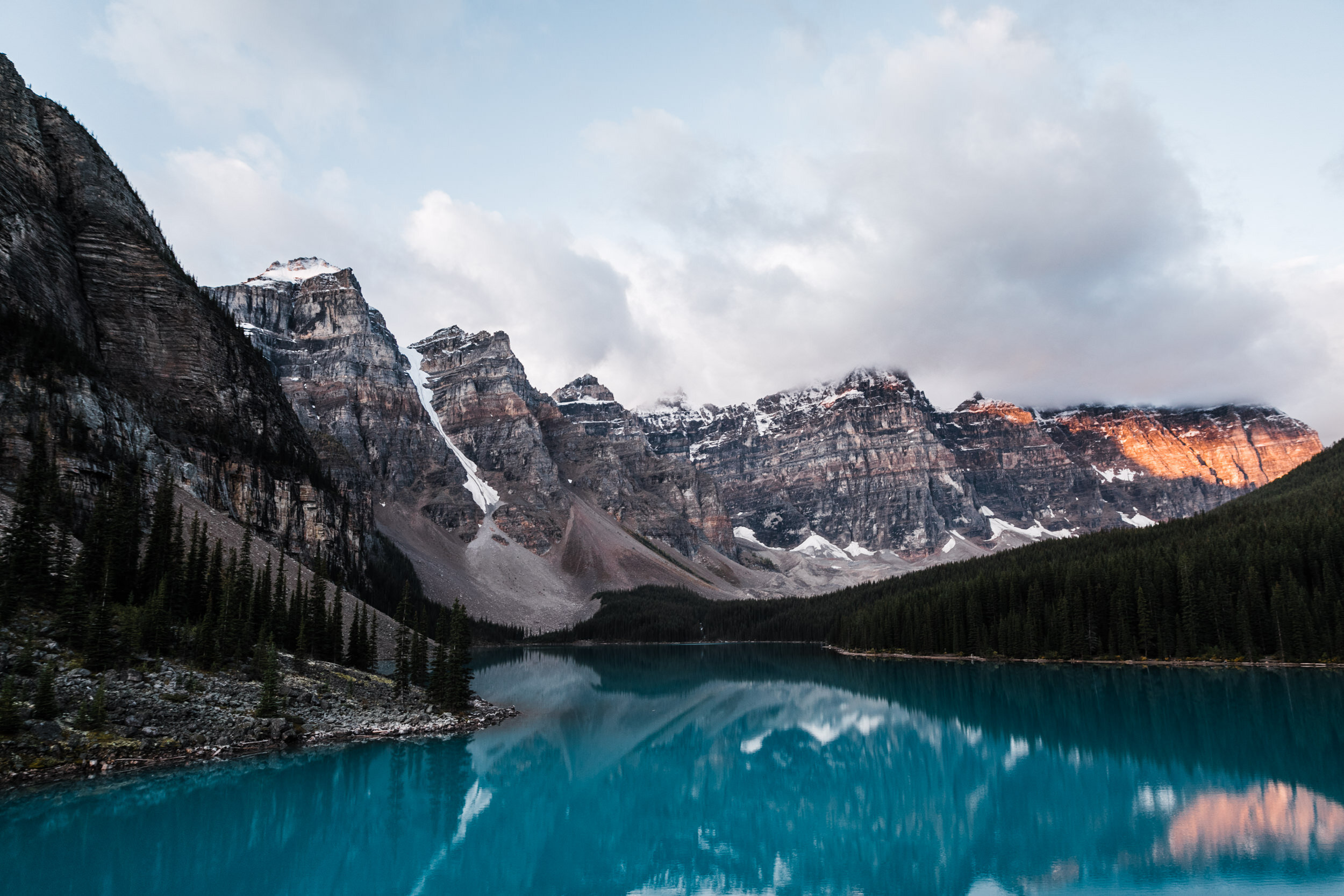 Sunrise First look + Canoeing on Moraine Lake in Banff National Park | The Hearnes Adventure Wedding Photography