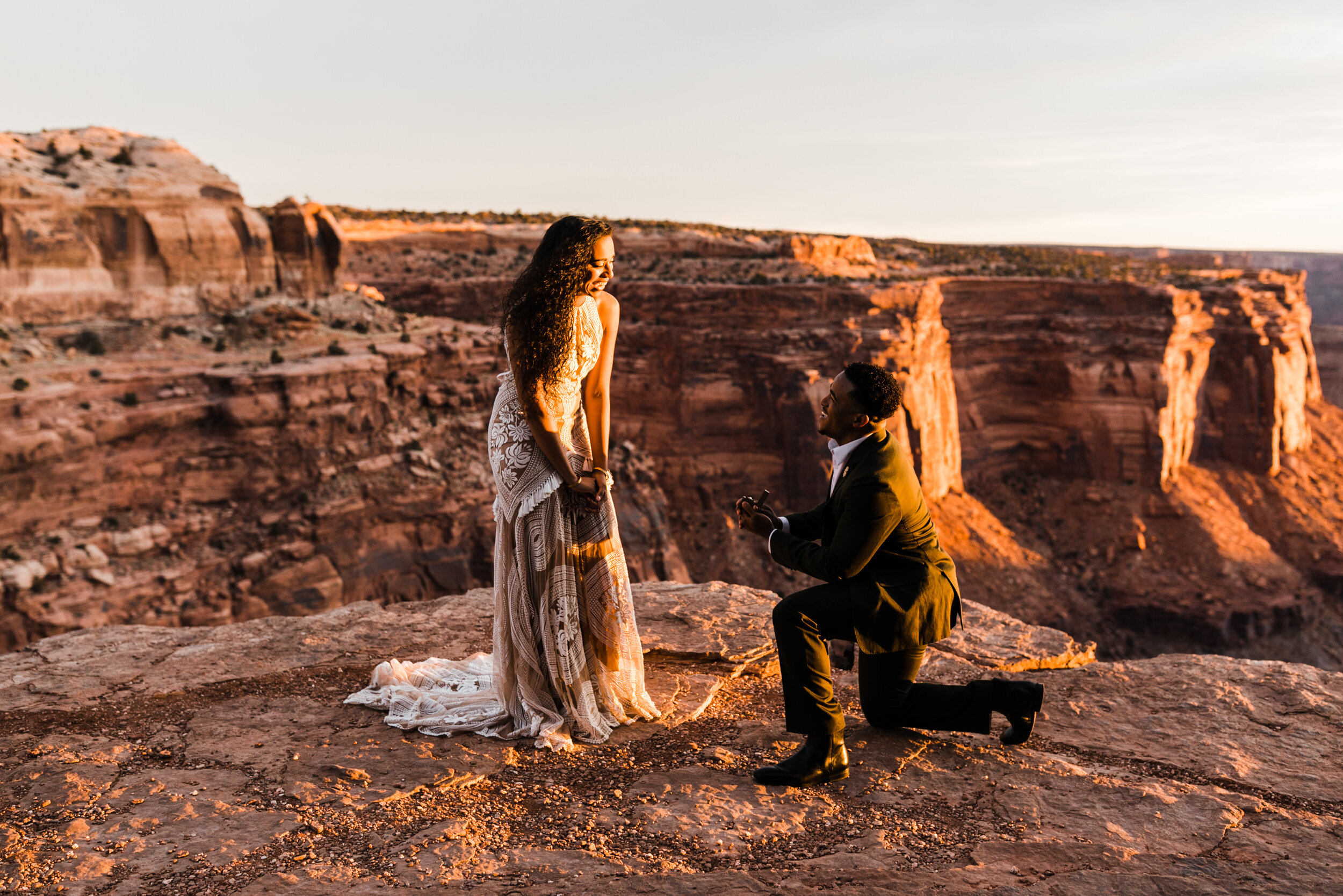 Canyonlands National Park Wedding Proposal by Moab Elopement Photographers The Hearnes | Rue De Seine East Gown
