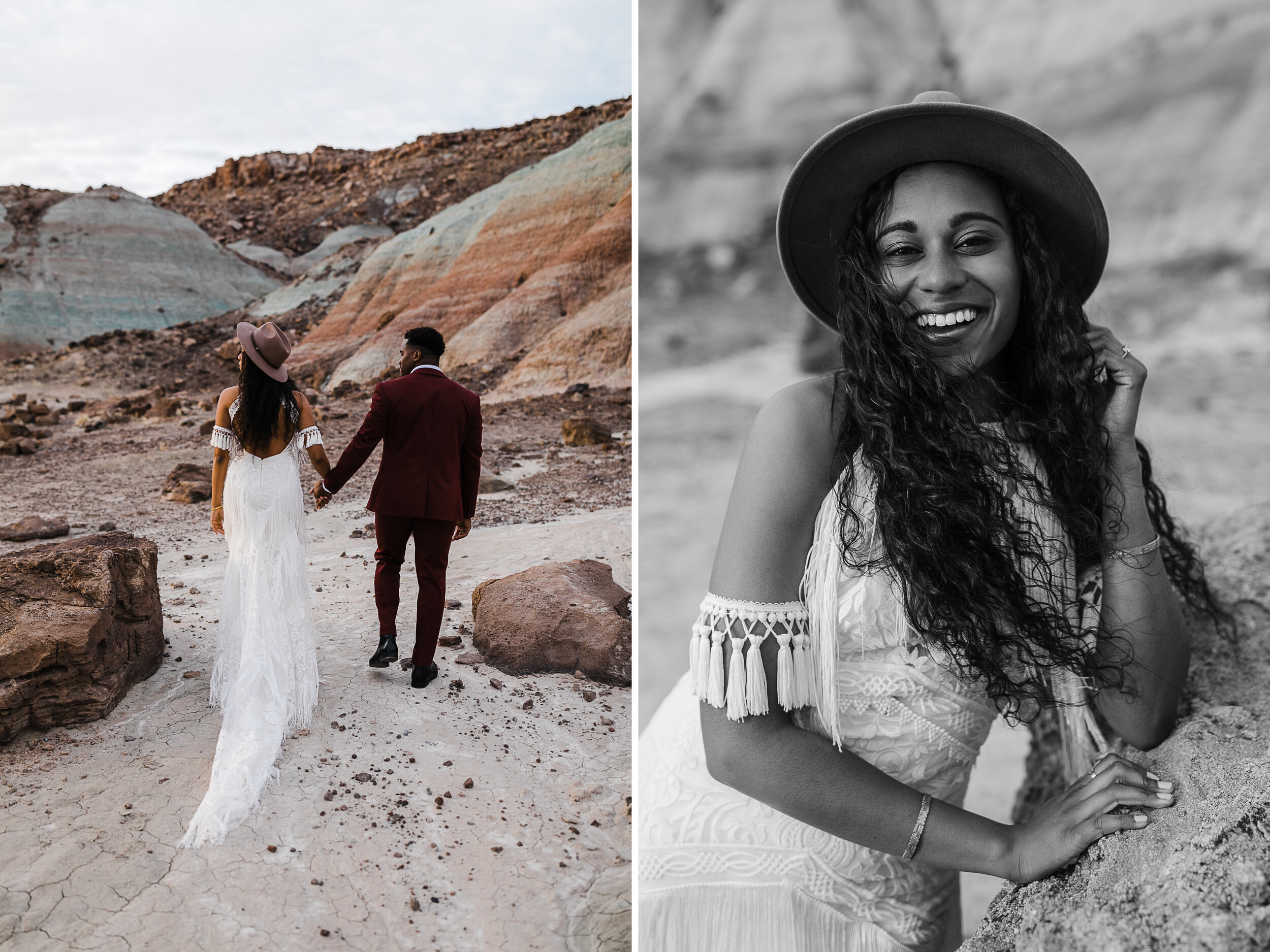 Moab Elopement Photographer | The Hearnes | Rue de Seine Dallas Gown | Bohemian Bride Fringe Wedding Dress &amp; Groom’s Burgundy Suit