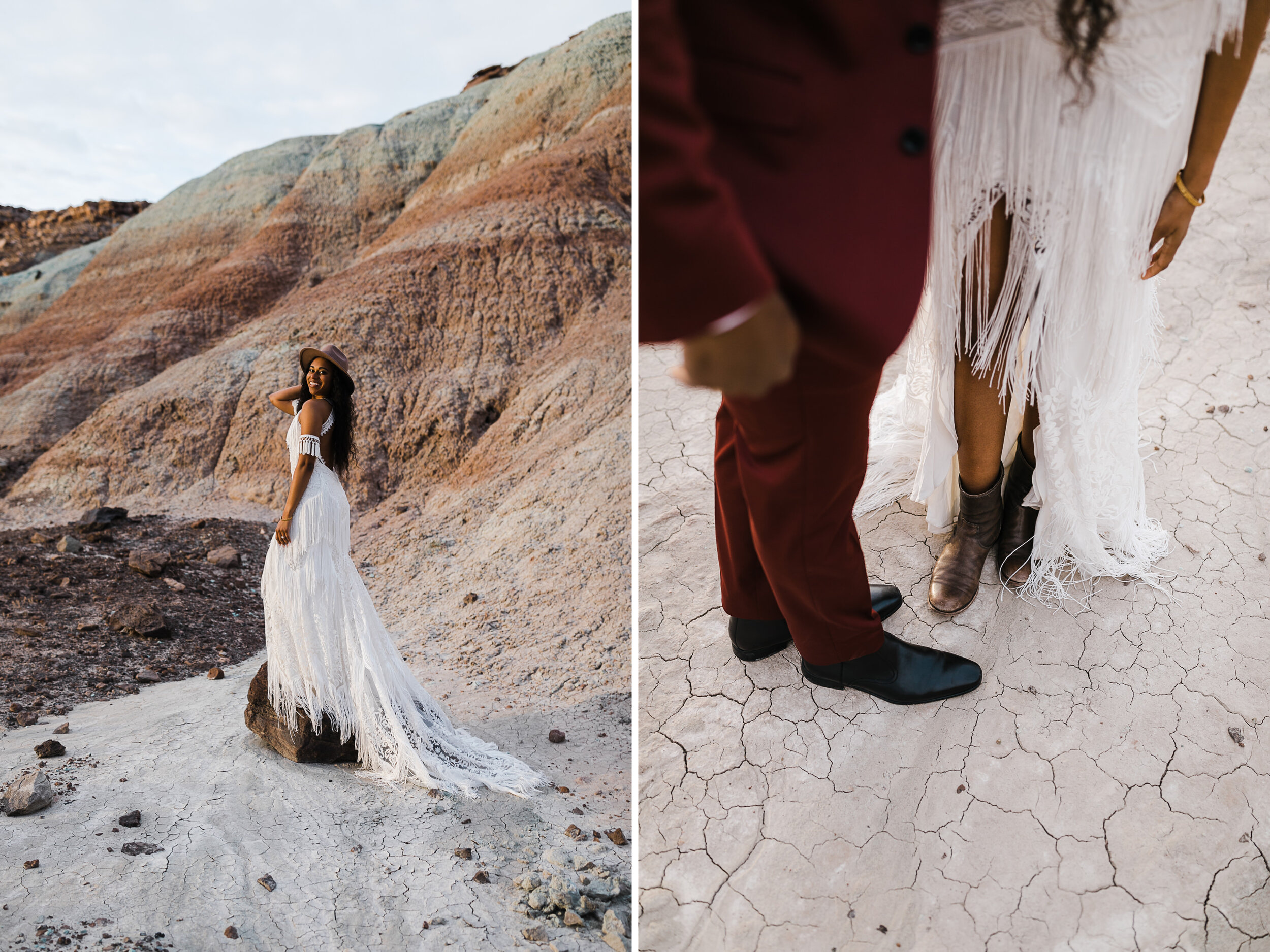 Moab Elopement Photographer | The Hearnes | Rue de Seine Dallas Gown | Bohemian Bride Fringe Wedding Dress &amp; Groom’s Burgundy Suit