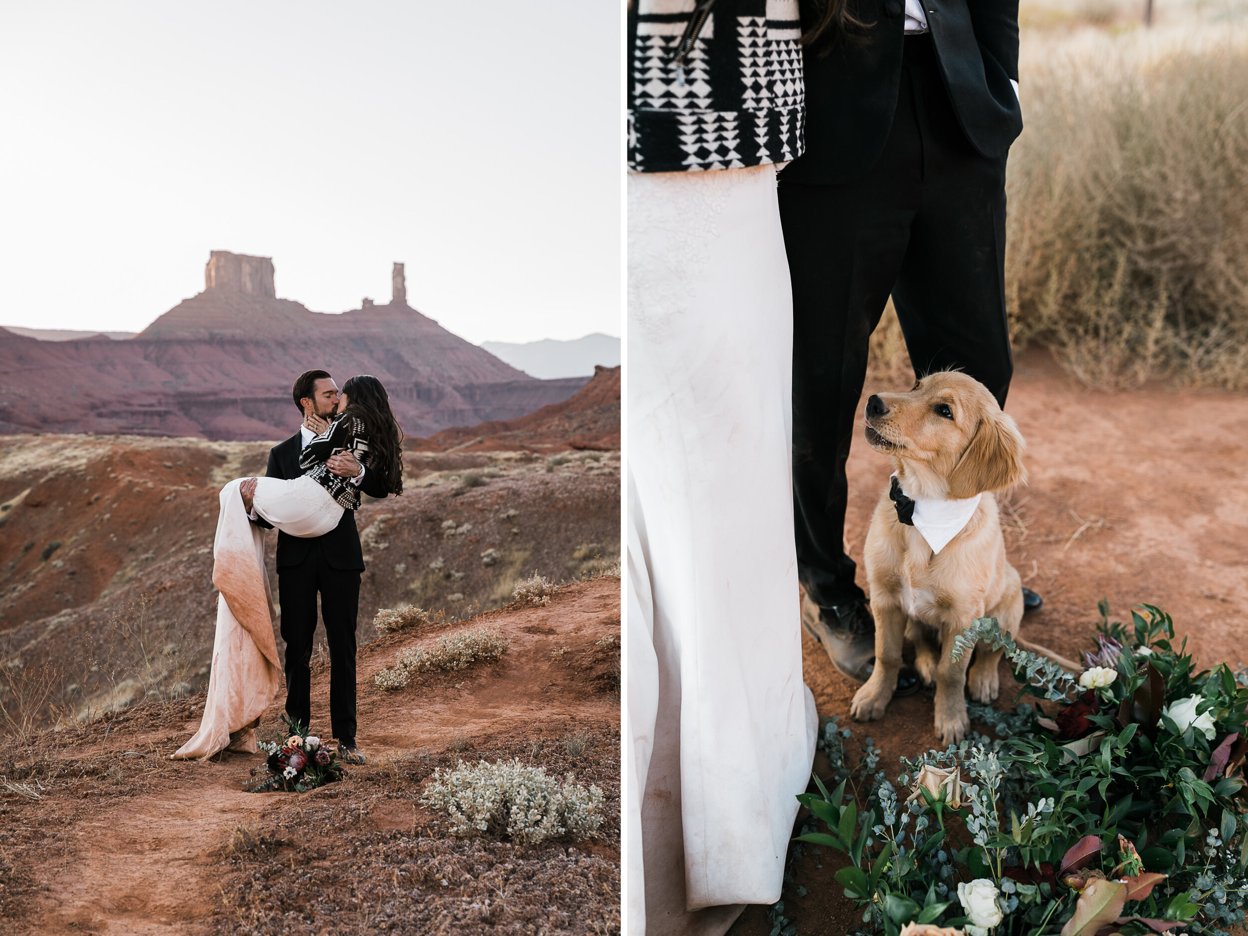 Moab Elopement | wedding with a golden retriever puppy | The Hearnes Adventure Photography