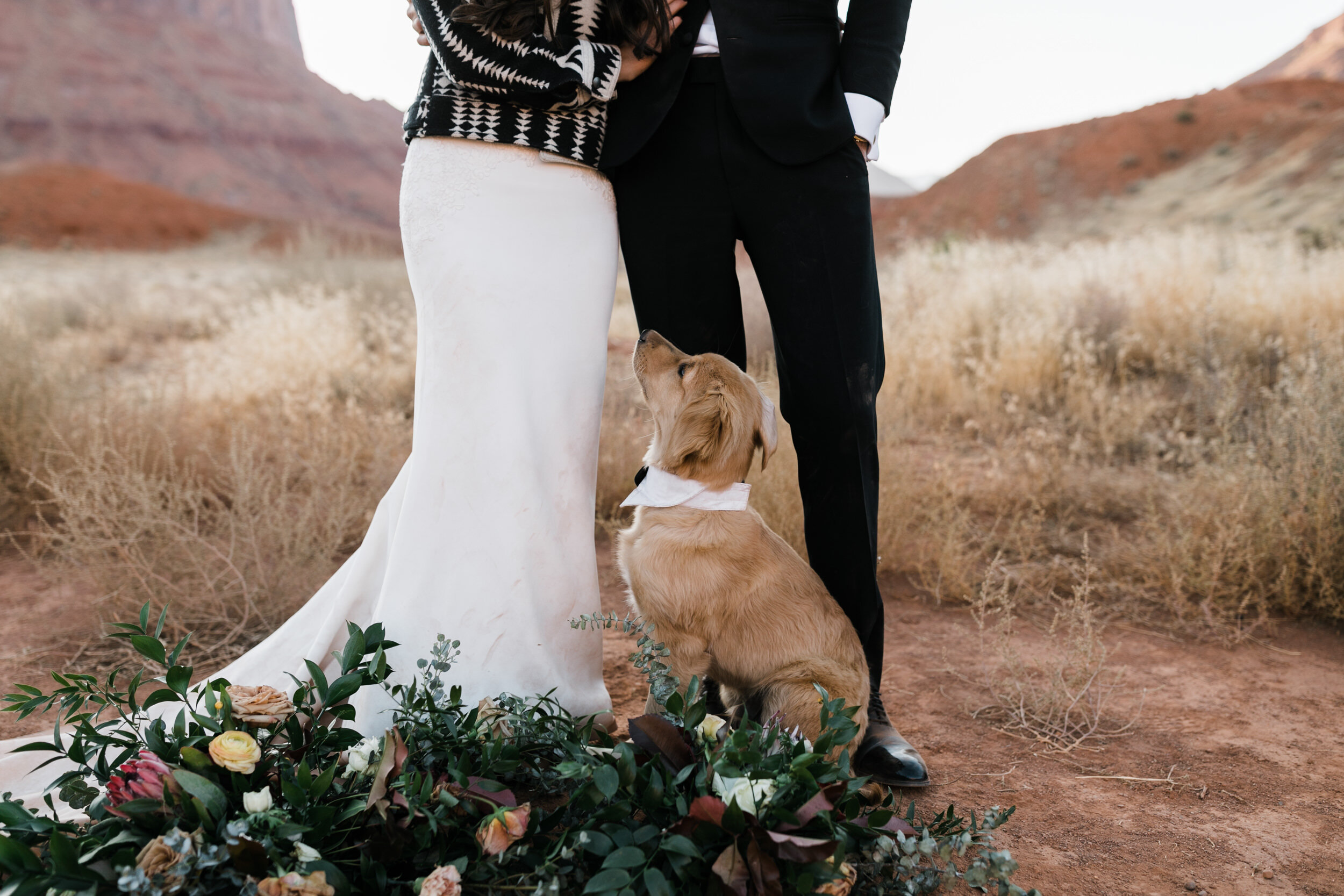 Moab Elopement | wedding with a golden retriever puppy | The Hearnes Adventure Photography