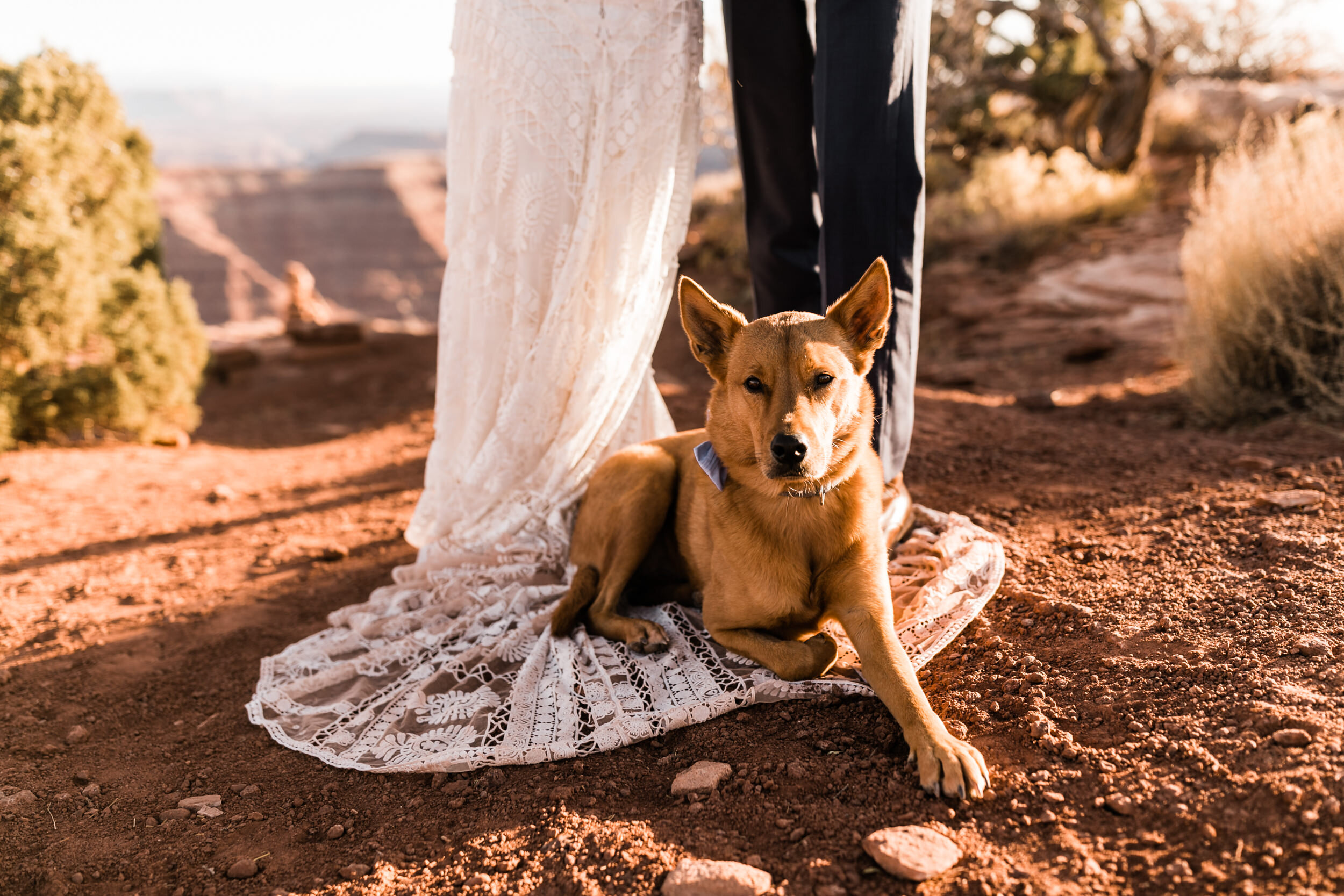 Adventurous jeep elopement in Moab, Utah | Rue de Seine Boho Desert Bride | Maroon Suit | Wedding with a dog | The Hearnes Adventure Photography