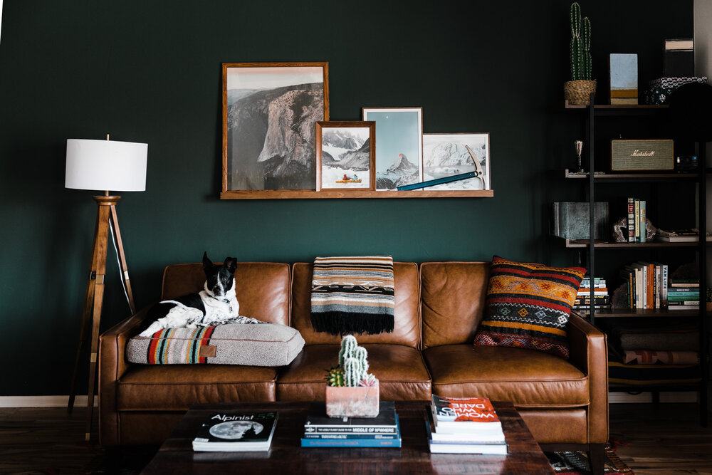 Home Tour In Moab Utah, Brown Leather Couch Green Wall