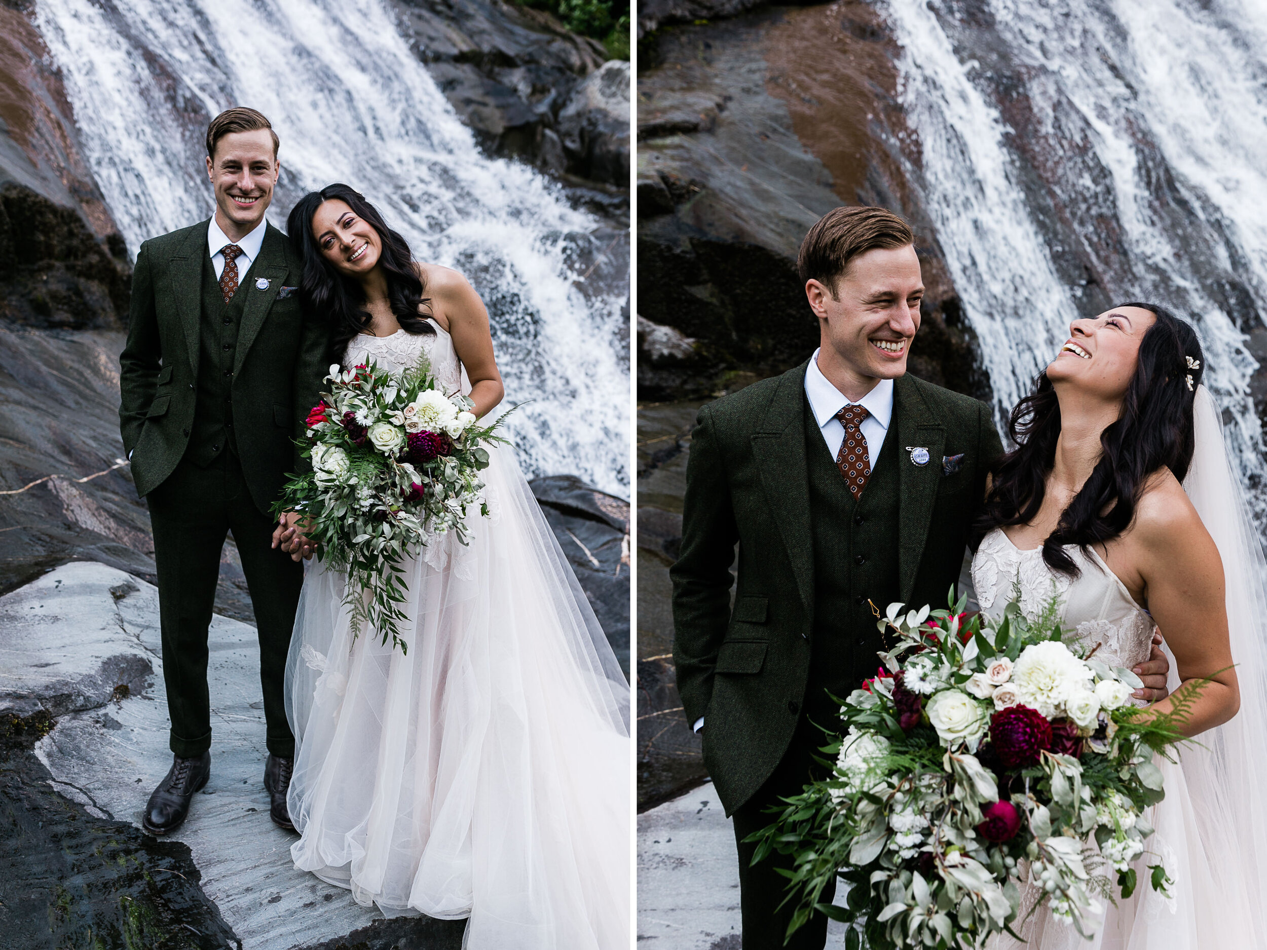 waterfall elopement in alaska | blush colored wedding dress | dark green groom suit | the hearnes adventure photography