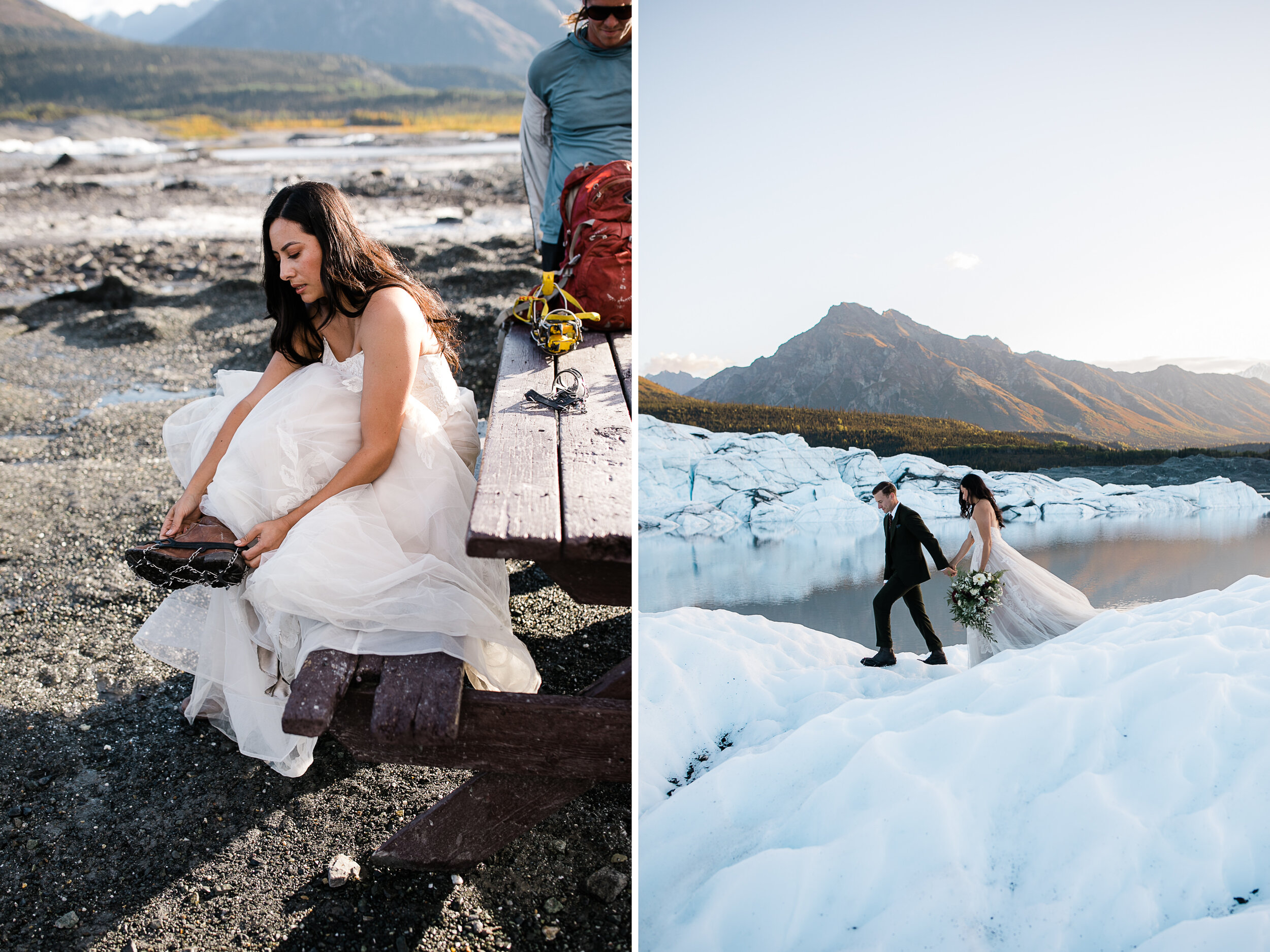 Glacier Hiking Elopement in Alaska | Day-After Wedding Session | Blush Wedding Dress | Dark Green Groom Suit | The Hearnes Adventure Photography