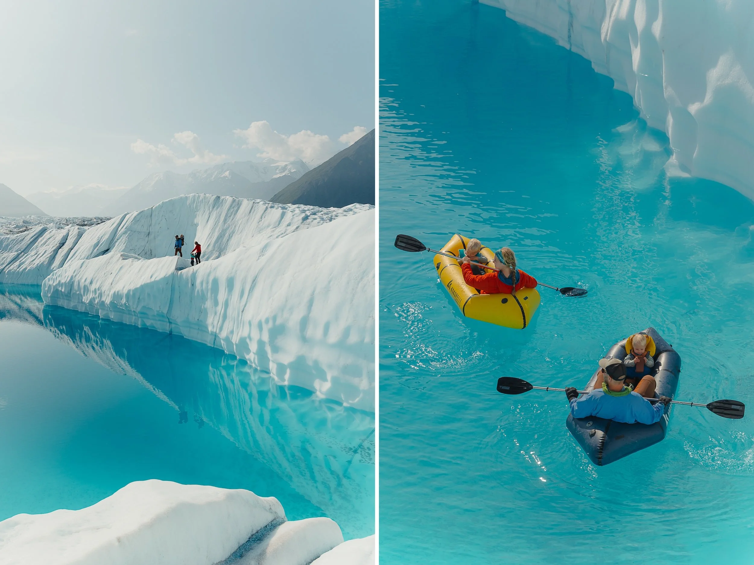 packrafting on a glacier family adventure photos in Alaska with The Hearnes