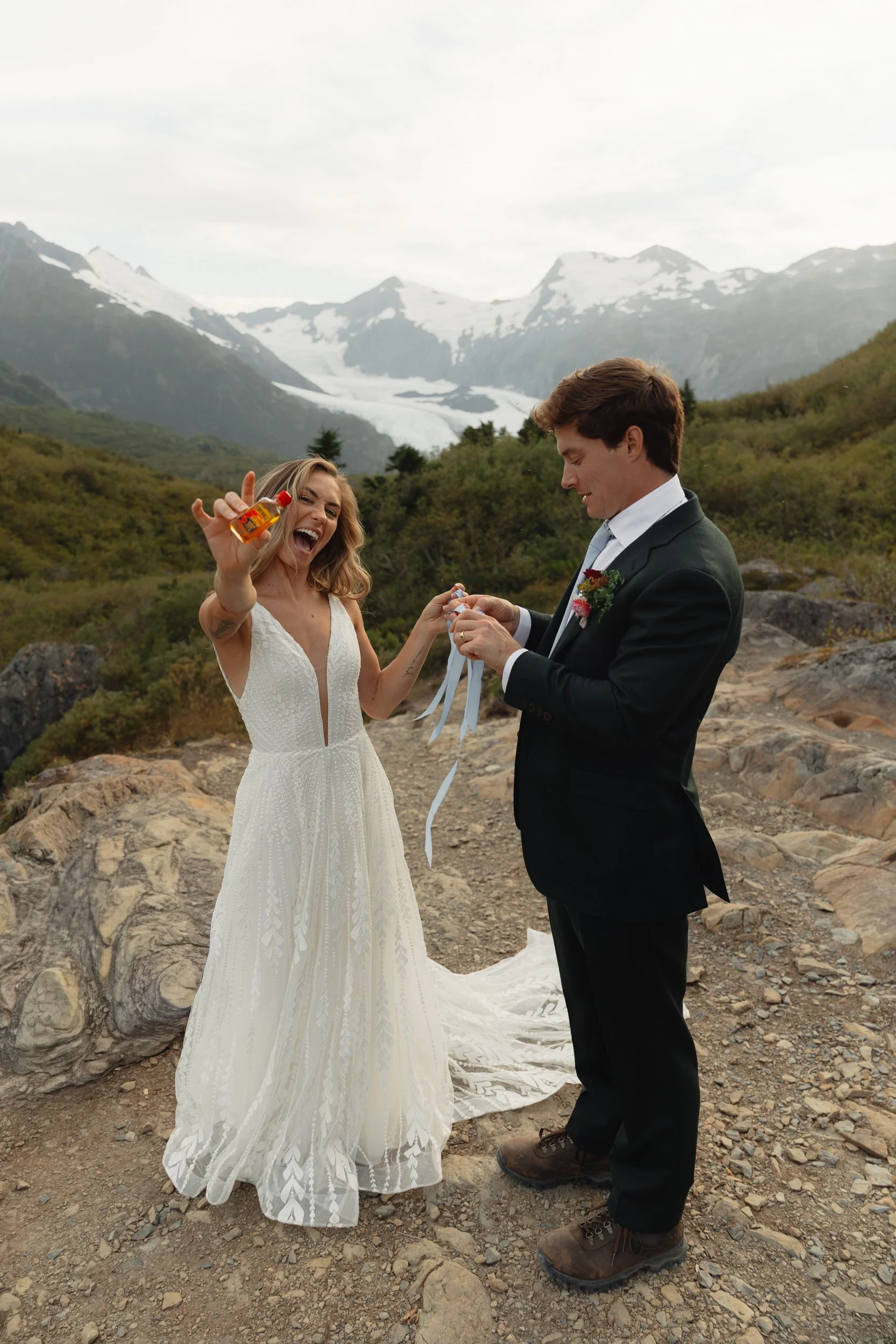 Hiking mountain top elopement in Alaska surrounded by glaciers | the hearnes adventure photography