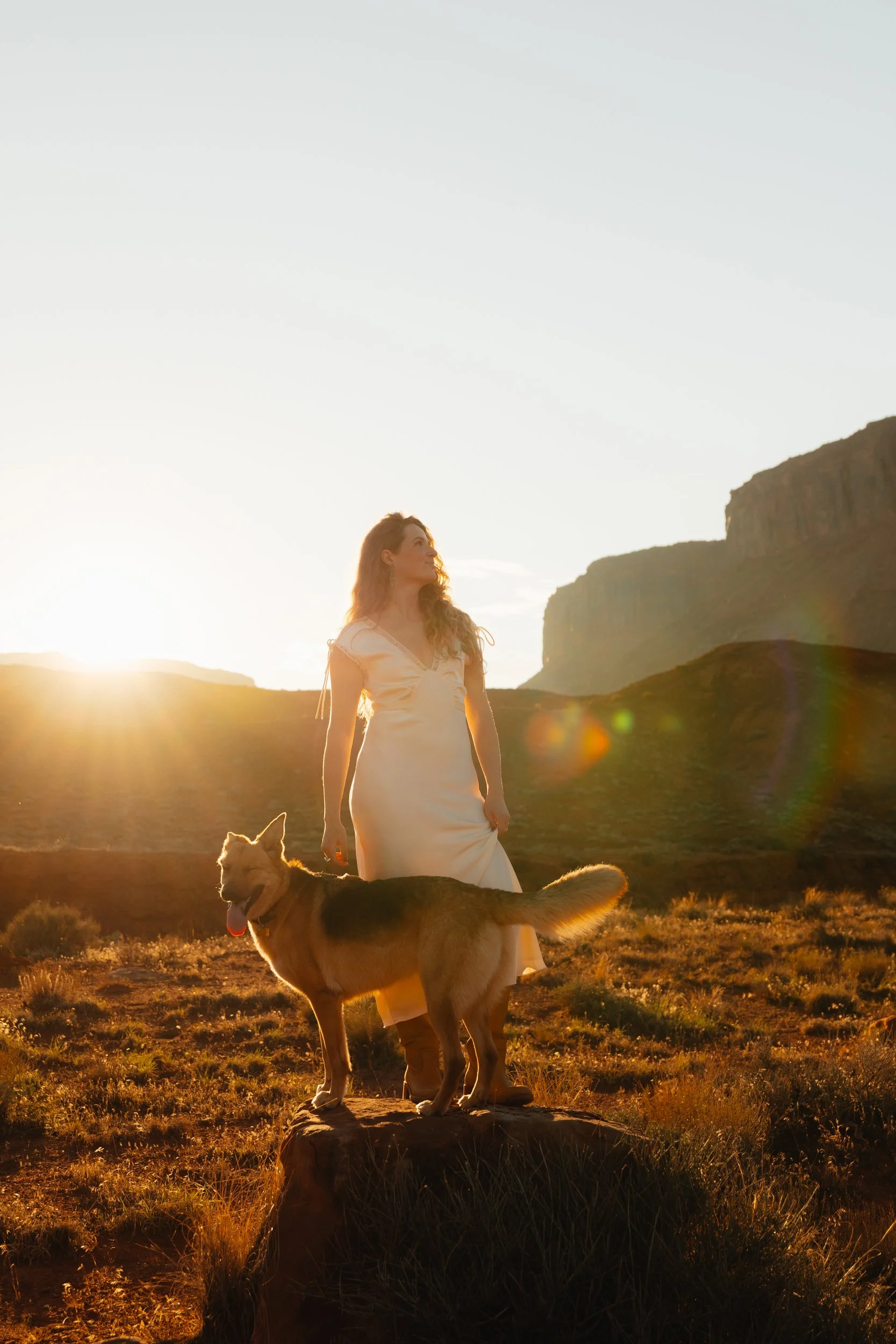 western Engagement portrait session in Moab Utah with a dog