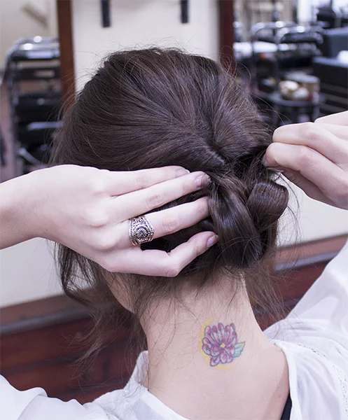 7) Roll up the braid and pin under the "kururin-pa." Use more pins if there are any loose hairs. To hold, use some finishing spray.