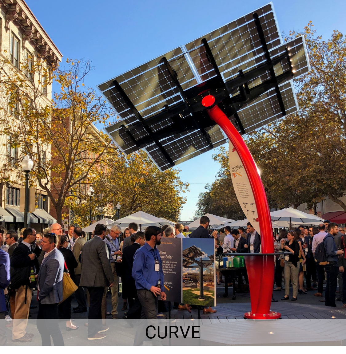 Spotlight Solar tree called Curve in red at Verge in Oakland, similar to Smarflower