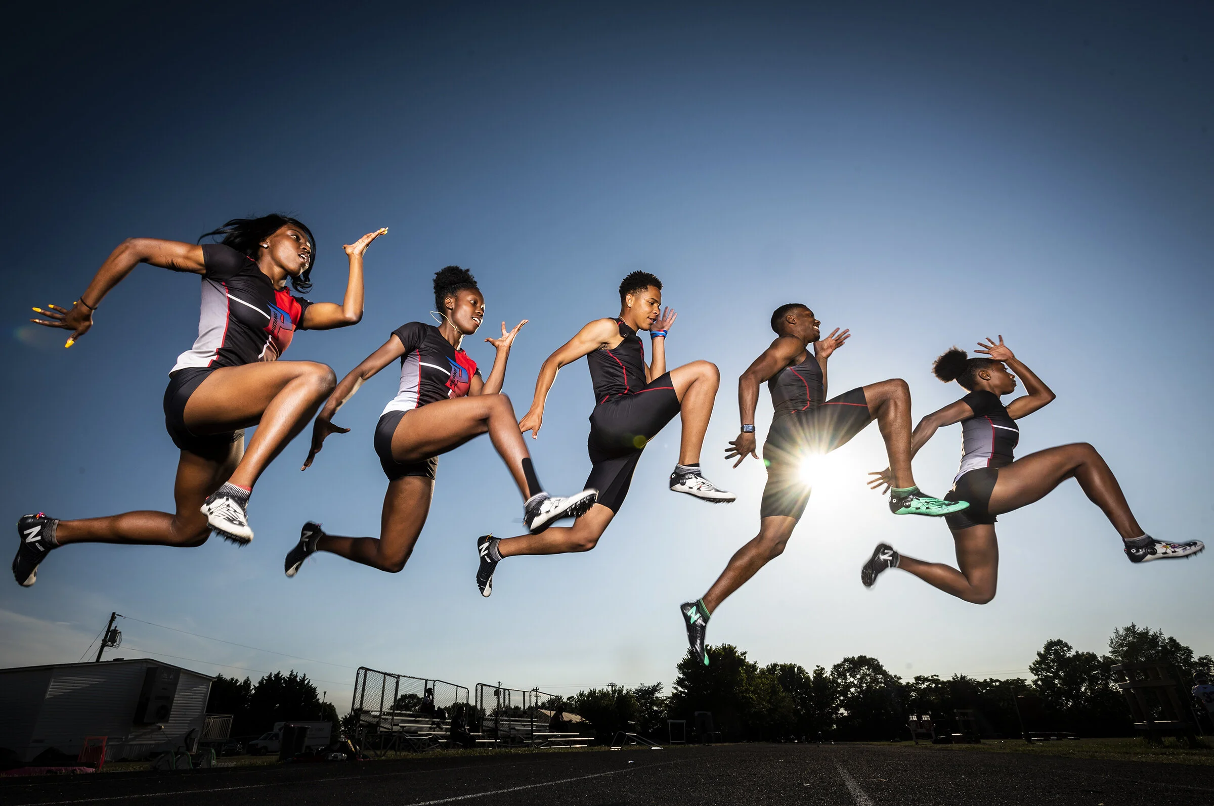  Parkland track athletes, from left, senior Alexis Patterson, freshman Ija Mumford, sophomore Justin Miles, senior Savien Hayes and senior Del'Nique Penn pose for a portrait on Wednesday, May 15, 2019 in Winston-Salem, N.C.  