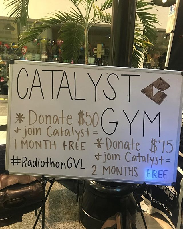 Sponsoring the GHS Children&rsquo;s Hospital Radiothon and I run into an old friend. She wasn&rsquo;t here for the Radiothon, she was here for her son. That&rsquo;s why we donate.... ALL DAY! COME SEE US OR CALL IN!

DONATE $50 + JOIN CATALYST GYM = 