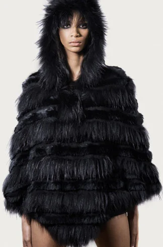 STYLE # T122357R rabbit & asiatic raccoon hooded poncho