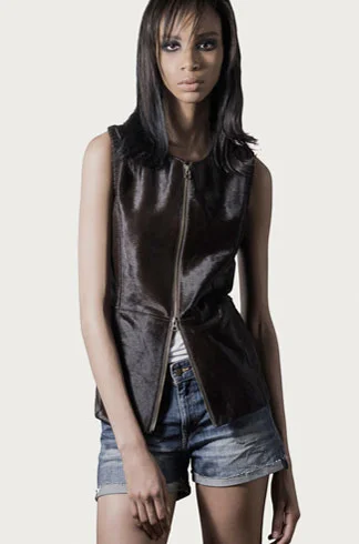 STYLE # T122389CA calf skin zip front vest w/ knit back