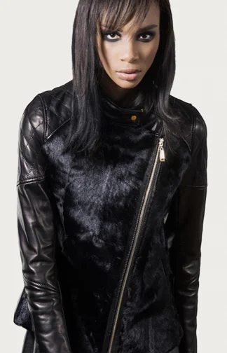 STYLE # T12378GO goat & leather asymmetrical biker jacket